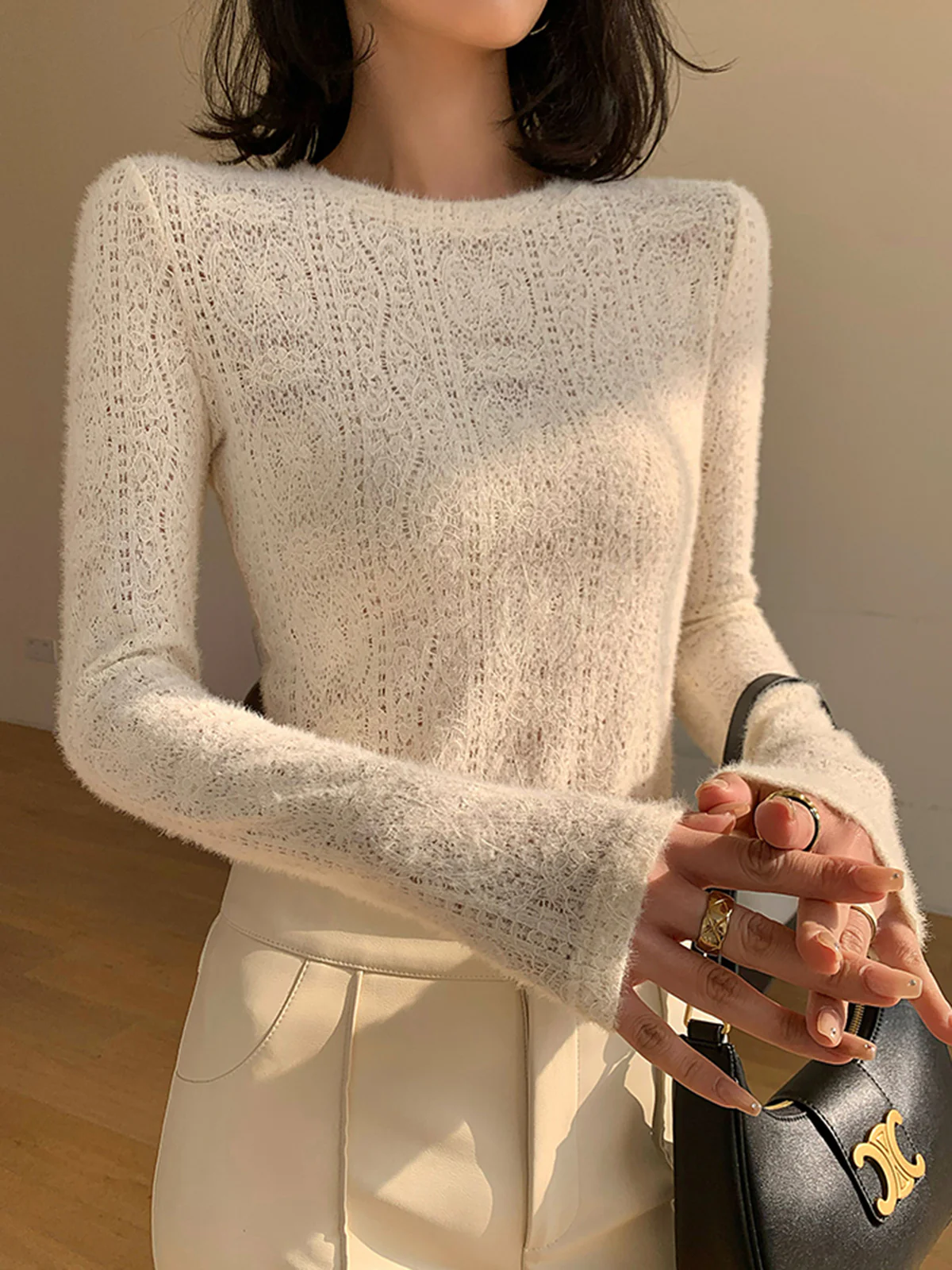 Floral Hollow Knit Crew Neck Long Sleeve Top - Takermore