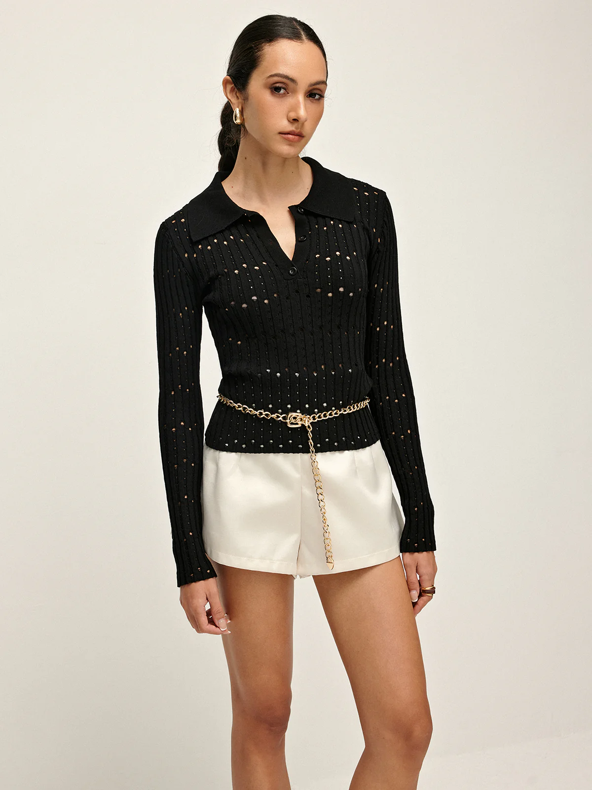 Hollow Button Polo Sweater Without Belt - Takermore