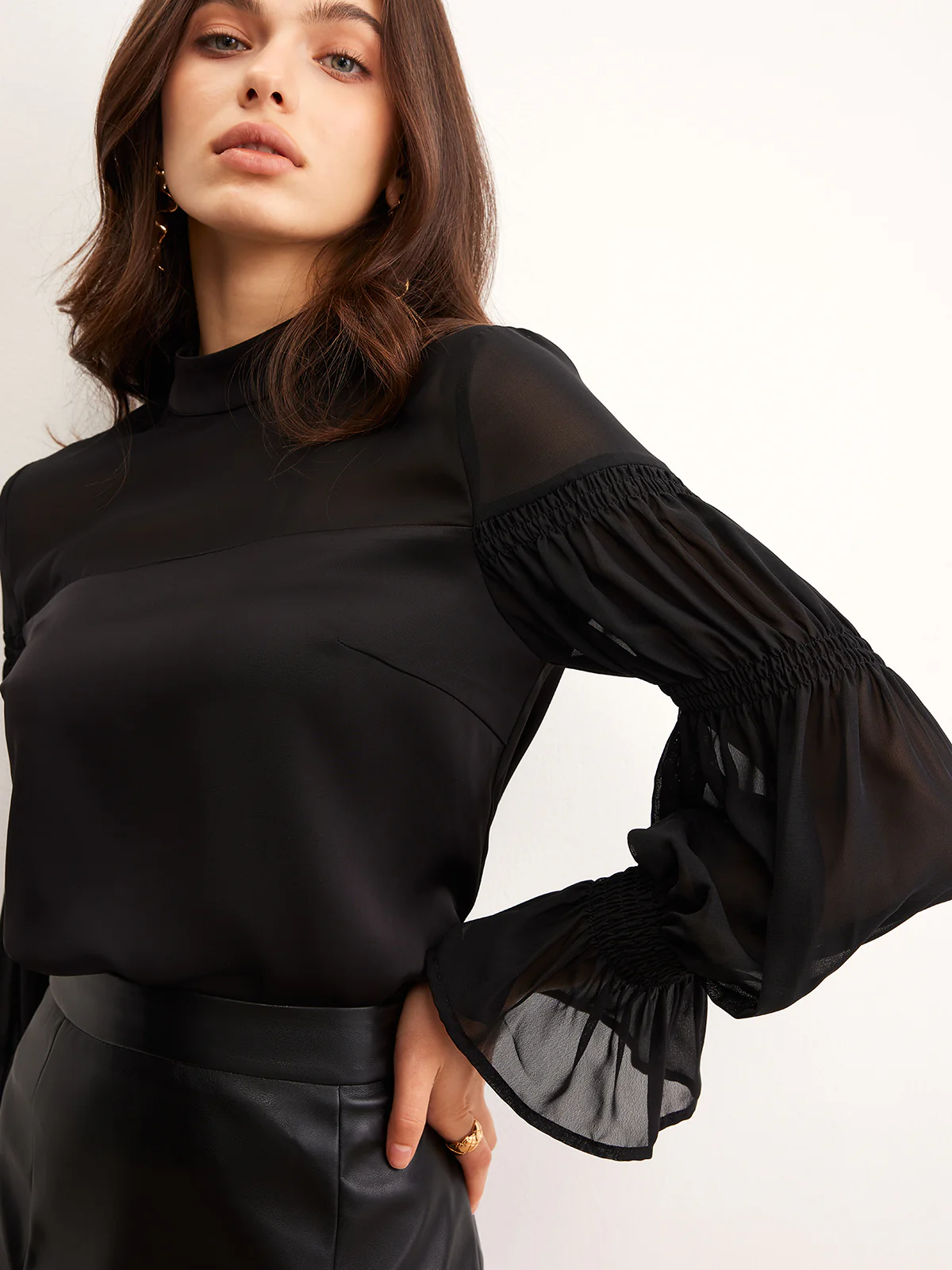 Stand Collar Chiffon Panel Blouse - Takermore