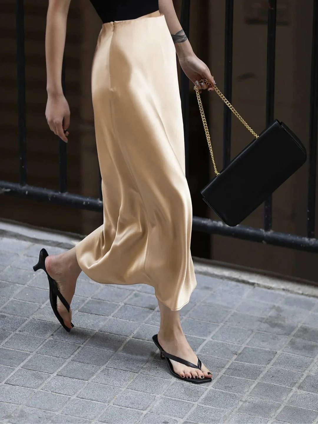 Creamy Cappuccino Satin Midi Skirt - Takermore