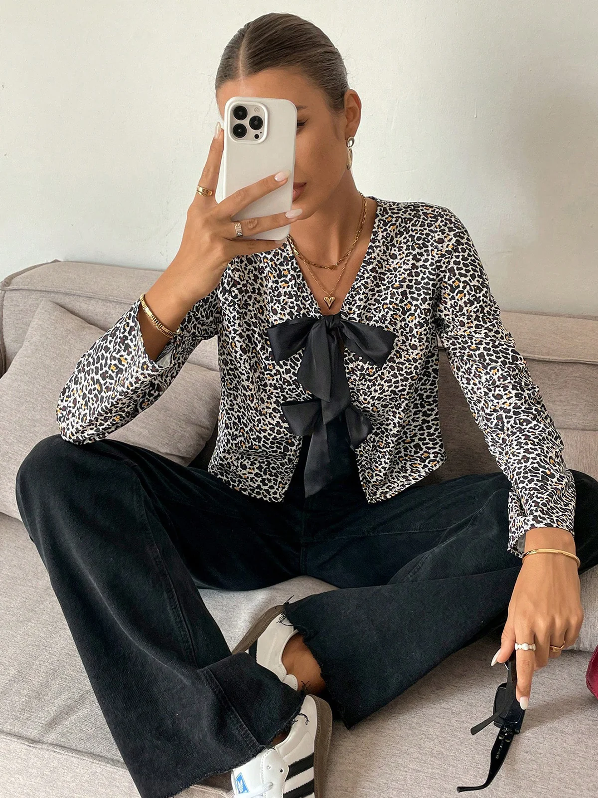 Bow Front Leopard Printed Jersey Blouse - Takermore