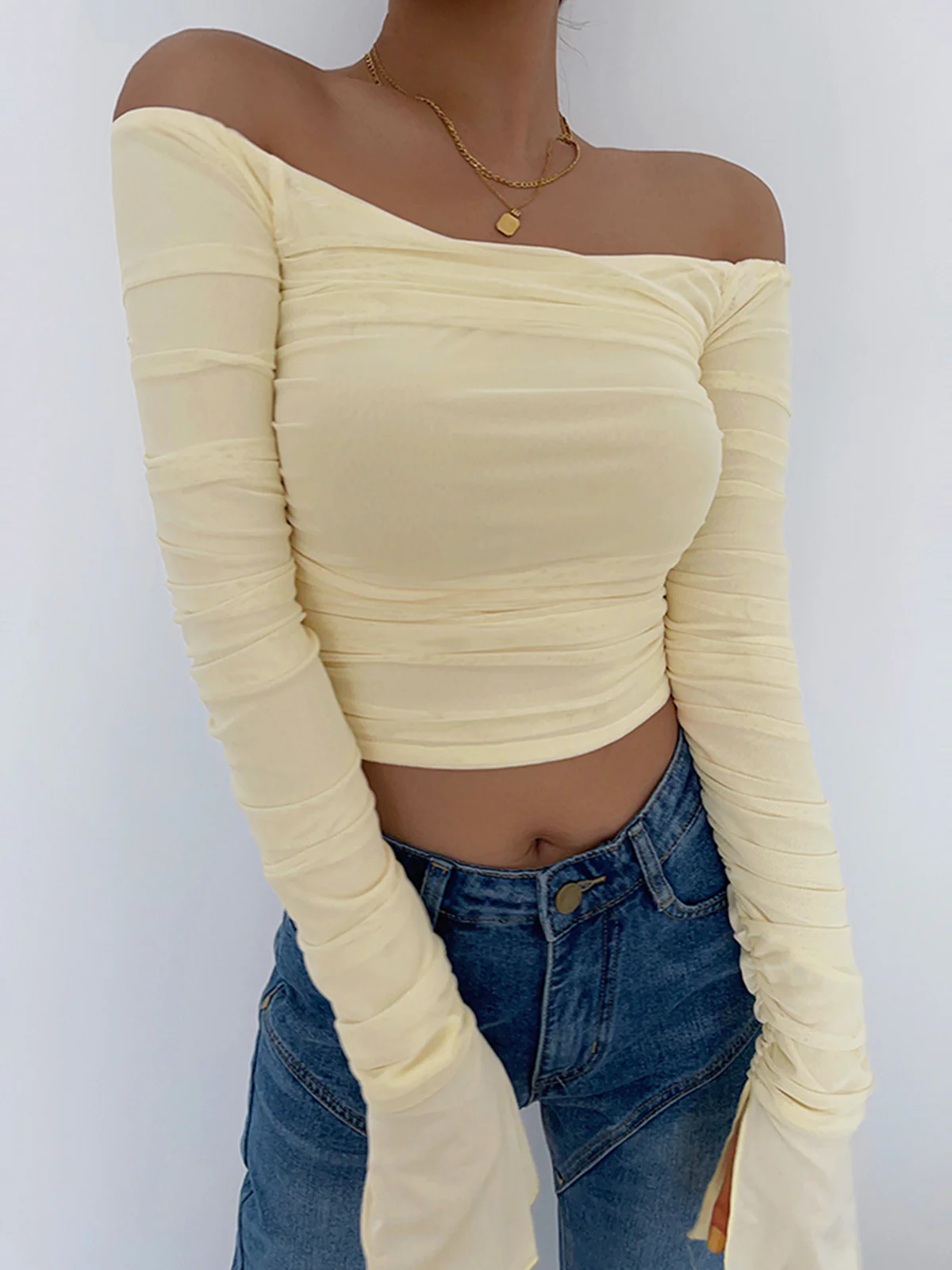 Semi-Sheer Off-Shoulder Mesh Crop Shirt - Takermore