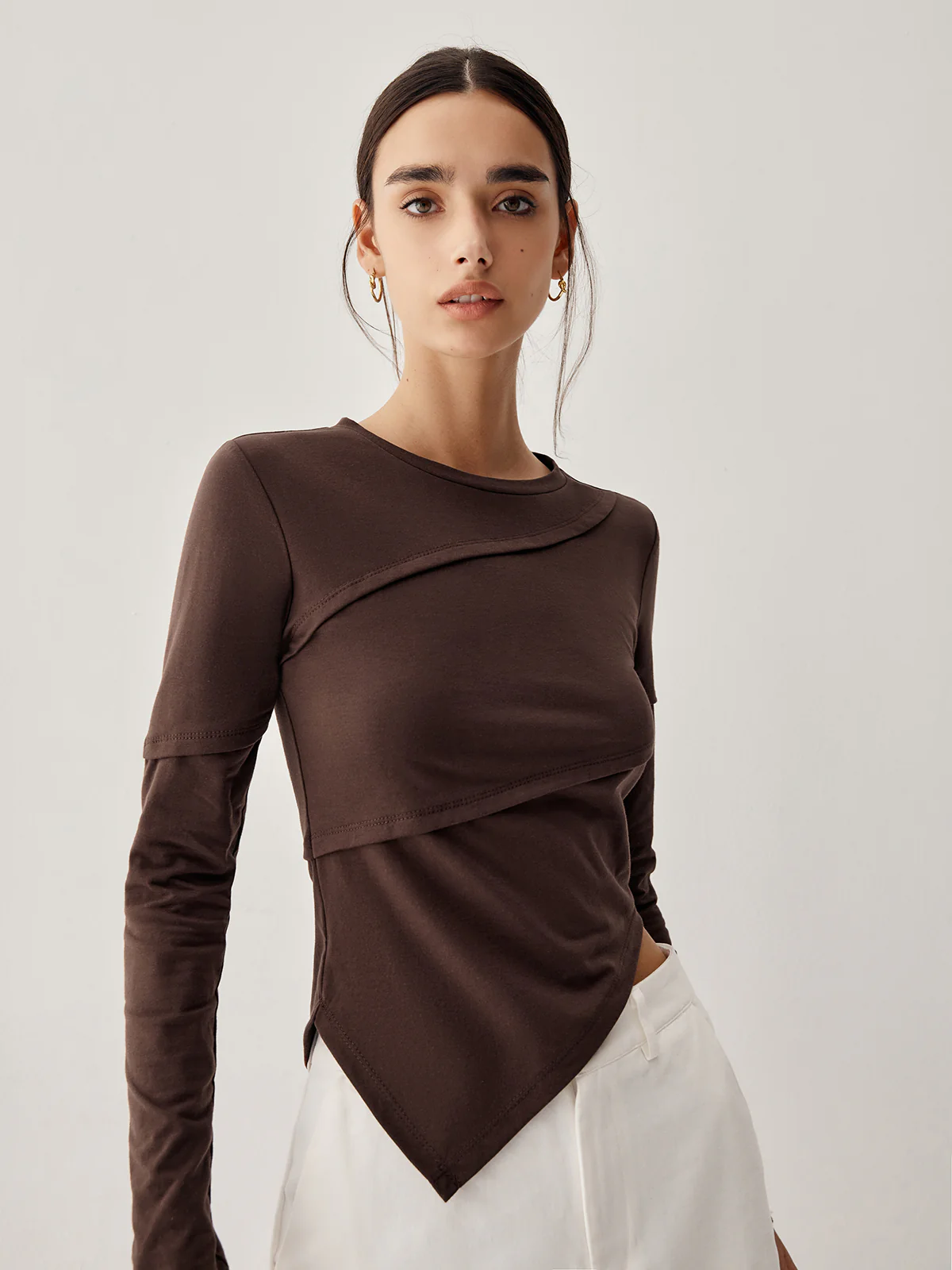 Asymmetric Hem Piping Long Sleeve Top - Takermore