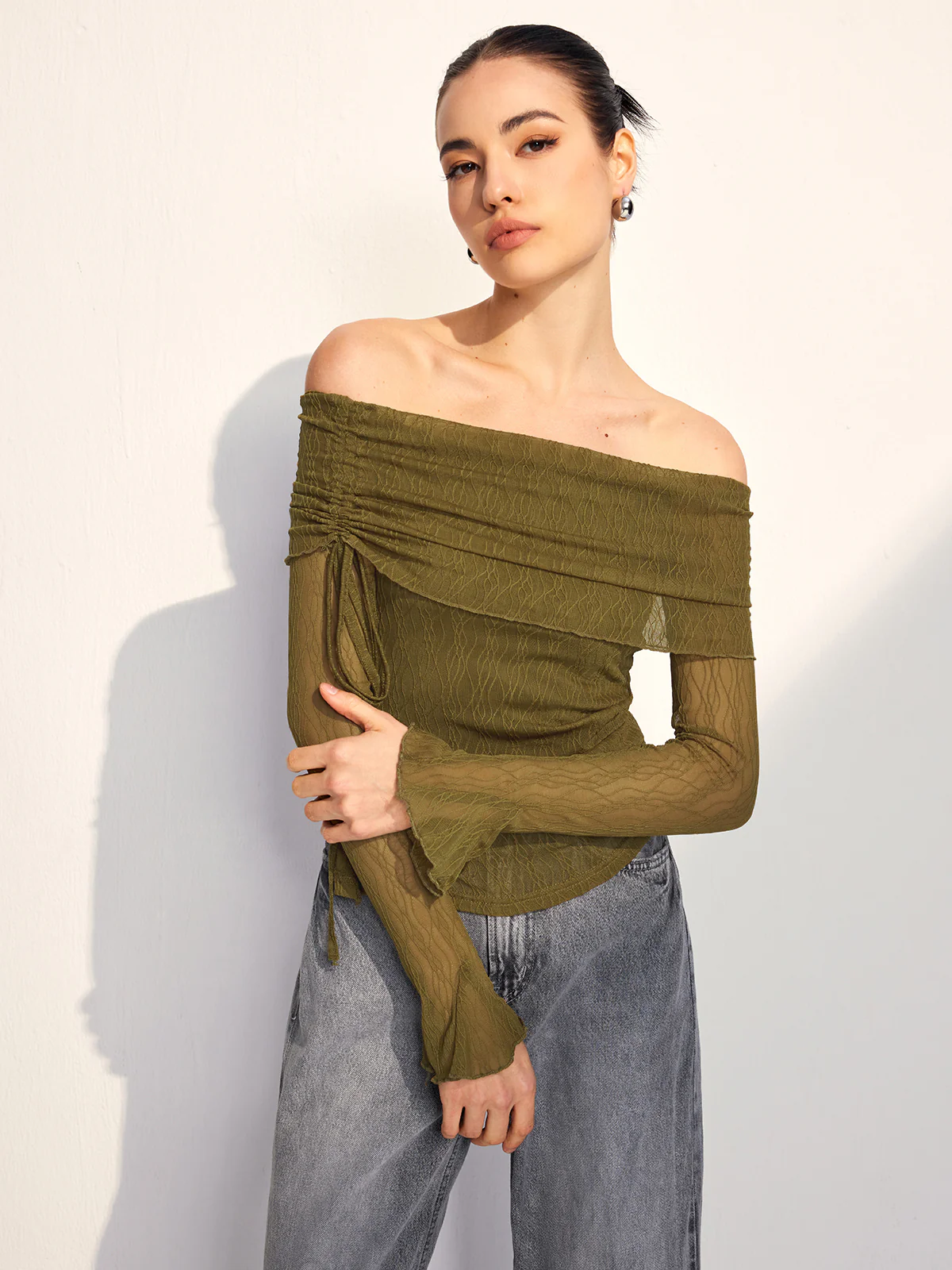 Off Shoulder Drawstring Blouse - Takermore