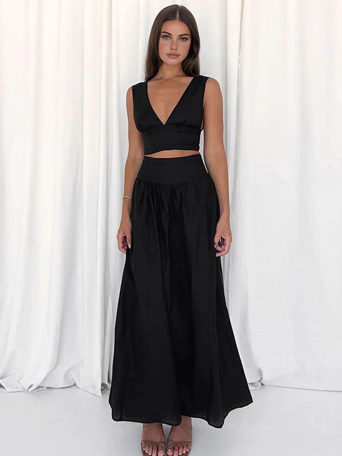 Solid Tie Knot V Neck Skirt Set - Takermore