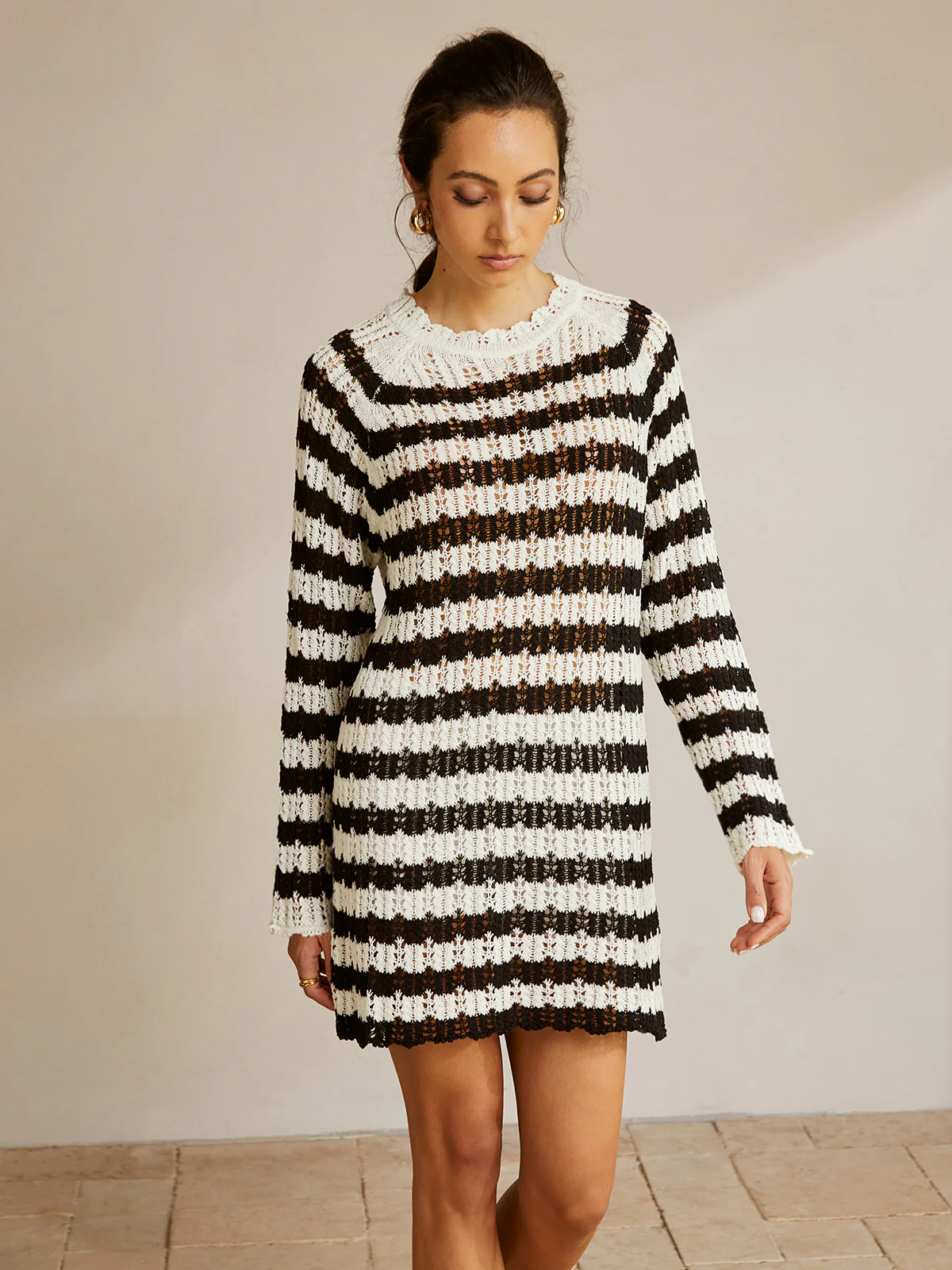 Striped Lettuce Trim Hollow Sweater - Takermore