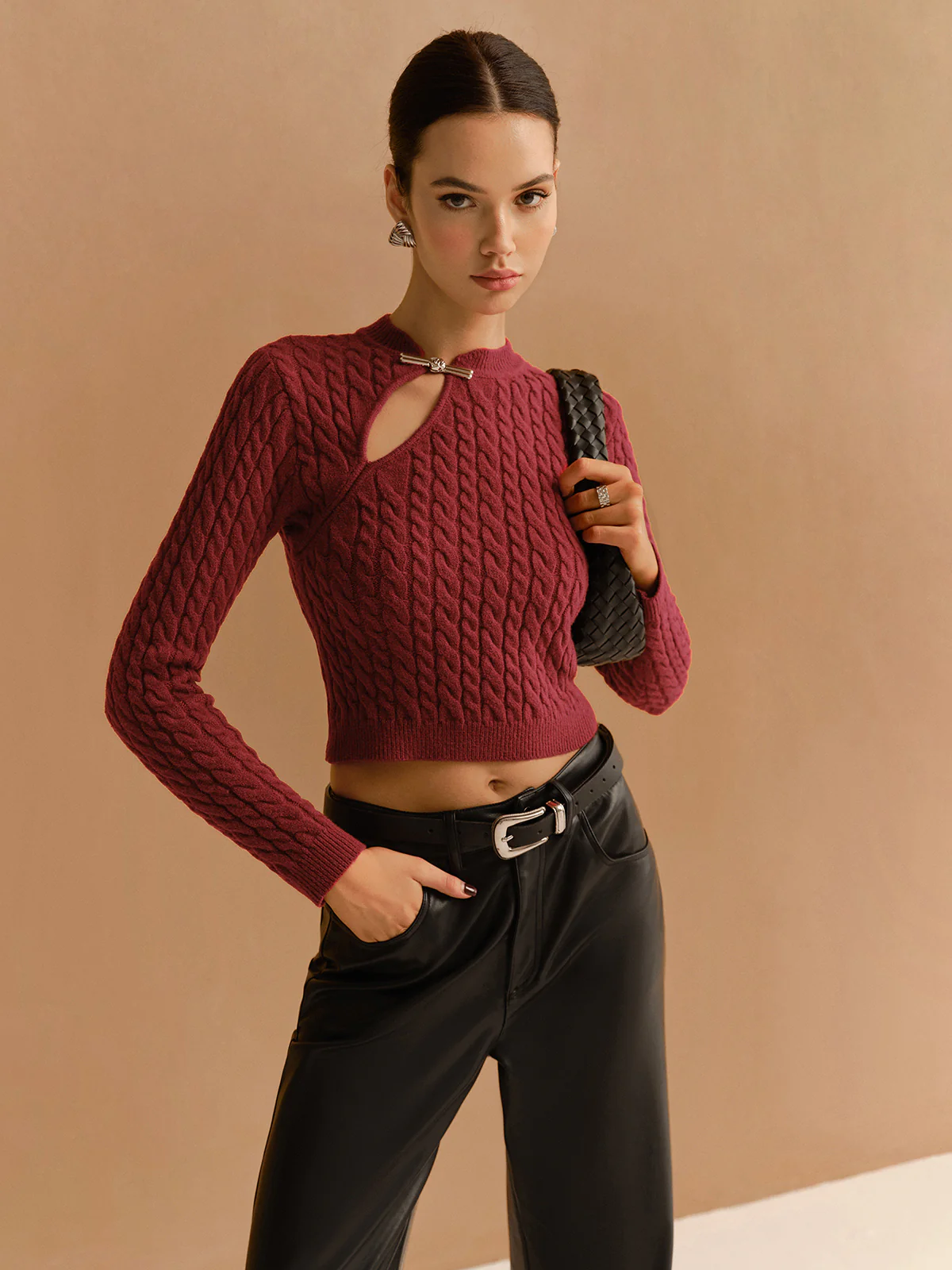 Cutout Twist Crop Sweater - Takermore