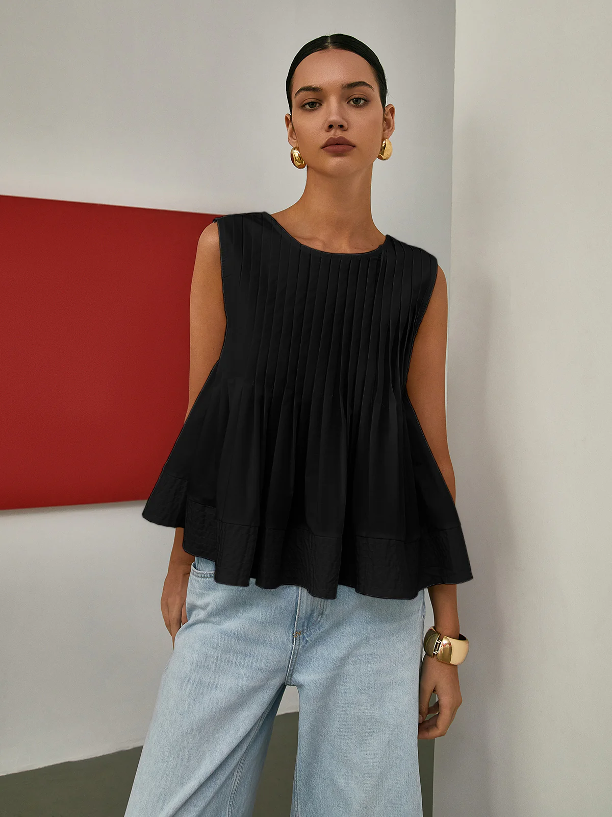 Pleated Peplum Sleeveless Blouse - Takermore