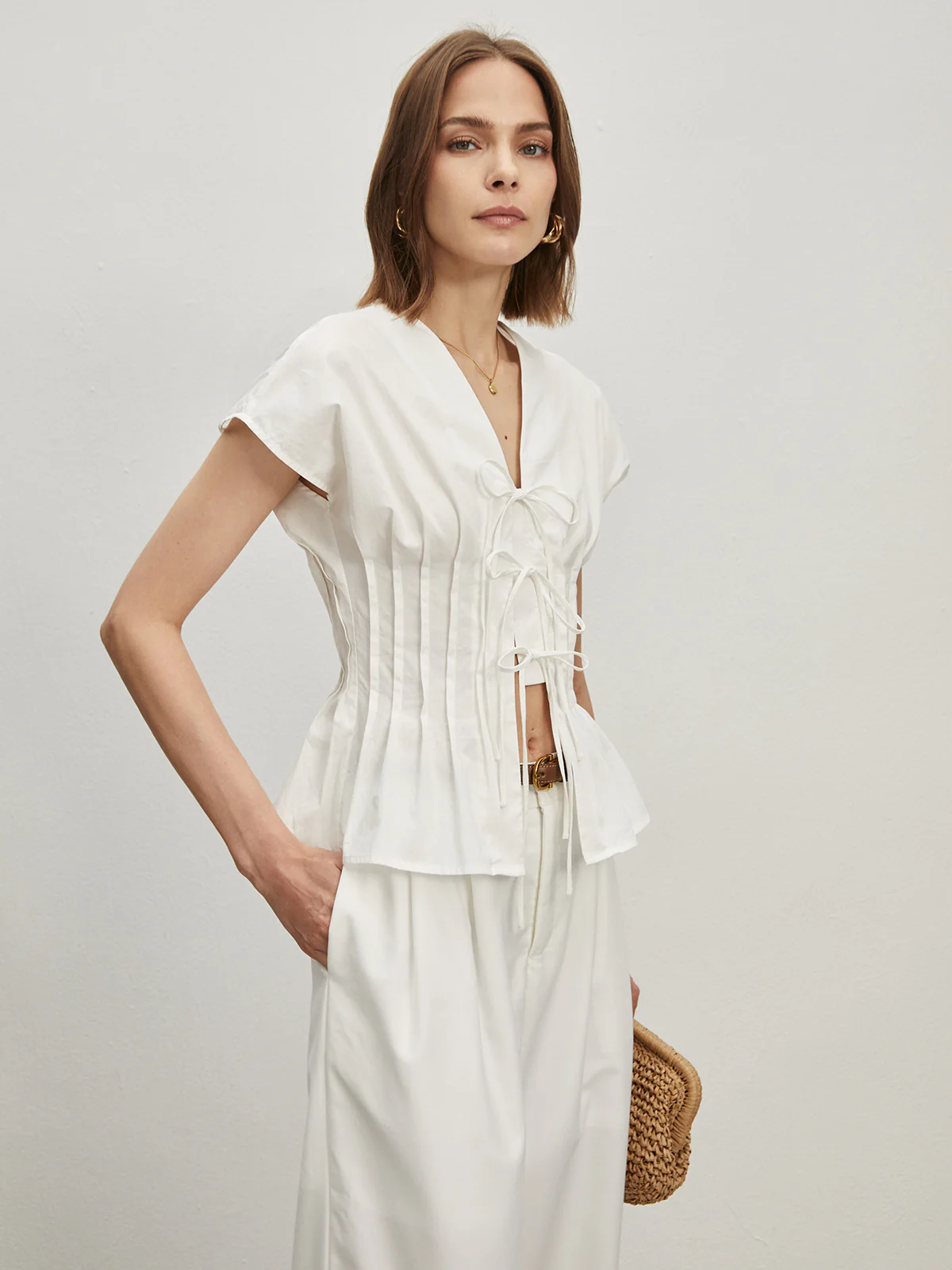 Cotton Pleated Knotted Blouse - Takermore
