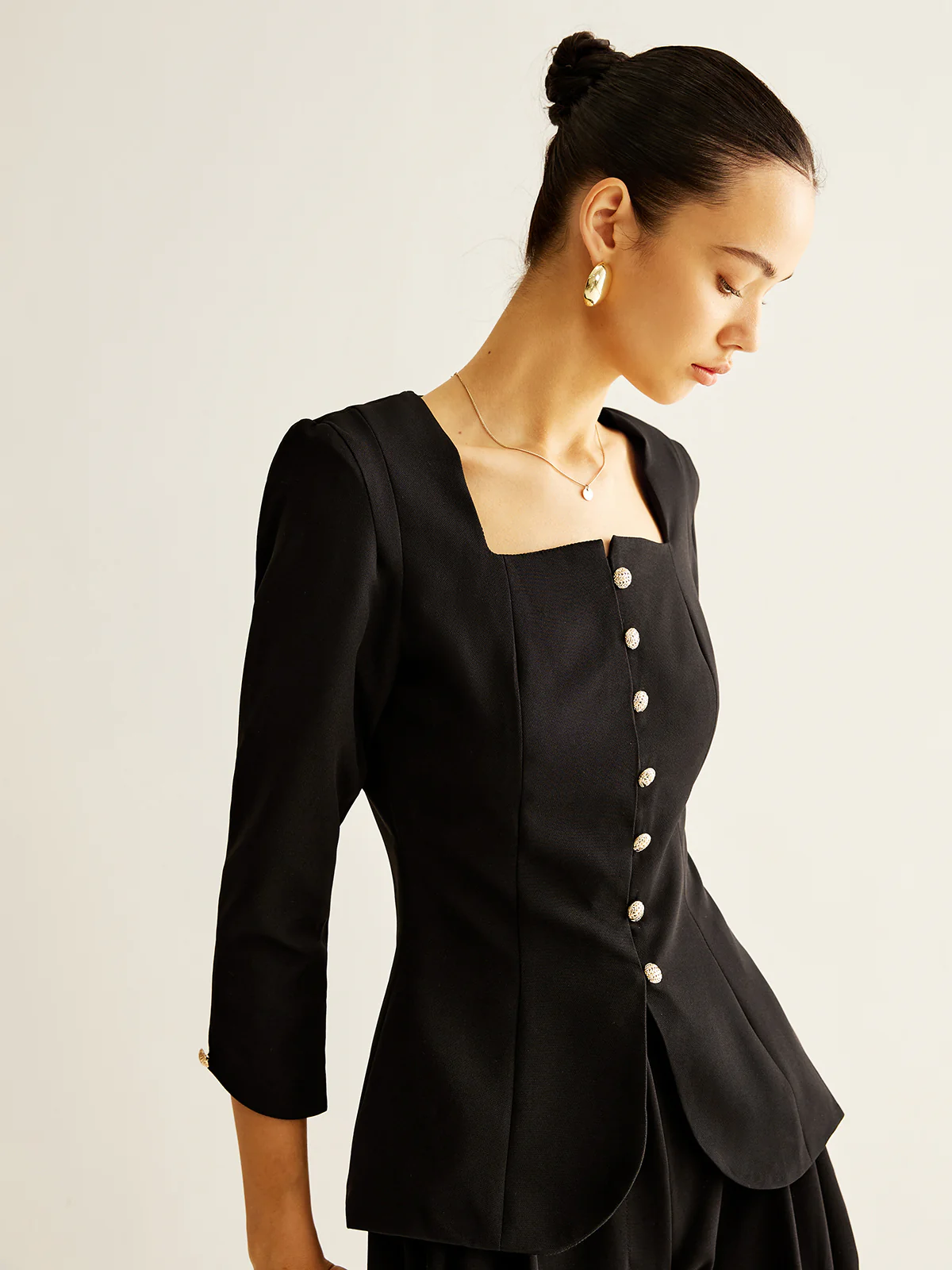 Square Neck Button Down Slit Blouse - Takermore