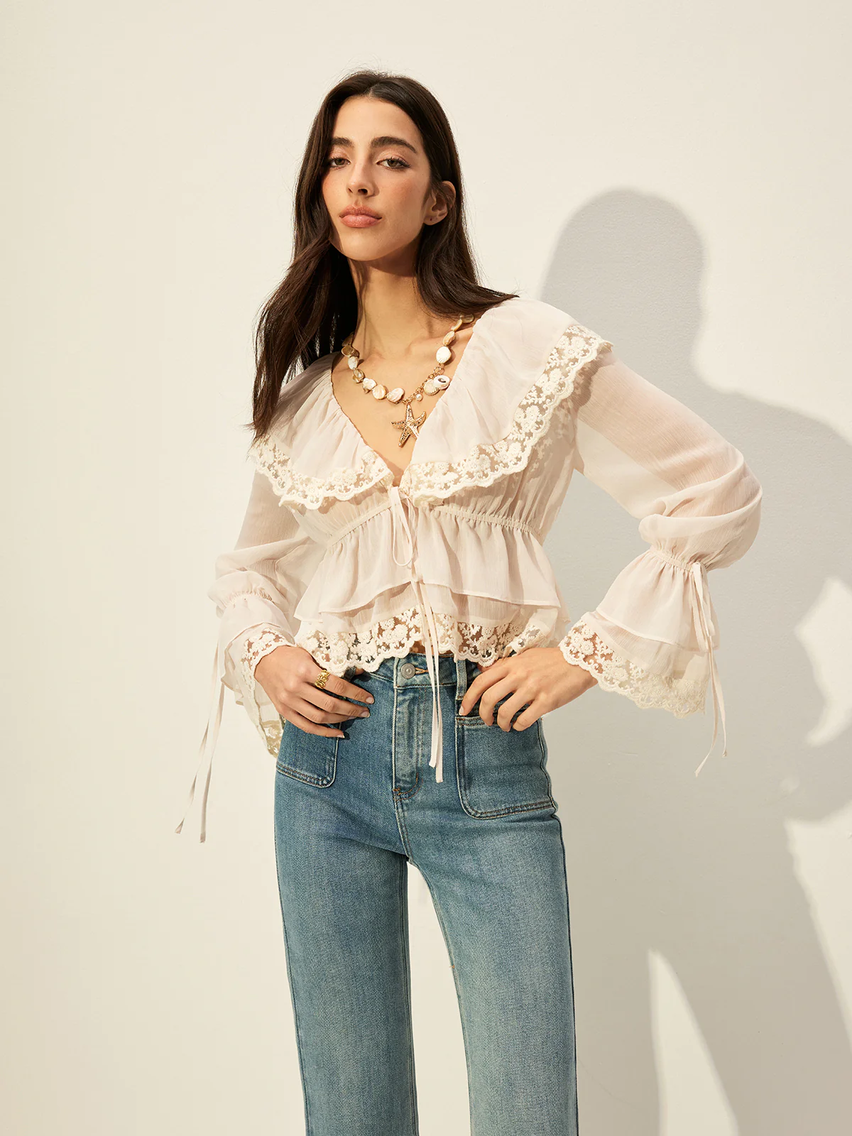 Semi-Sheer Chiffon Lace Detail Top - Takermore