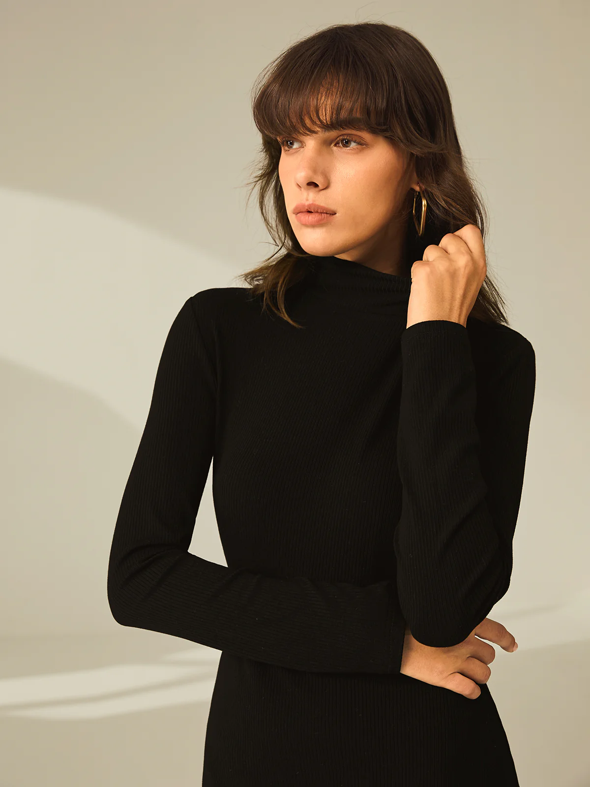 Turtleneck Long Sleeve Mini Dress with Slit and Ribbed Paneling - Takermore