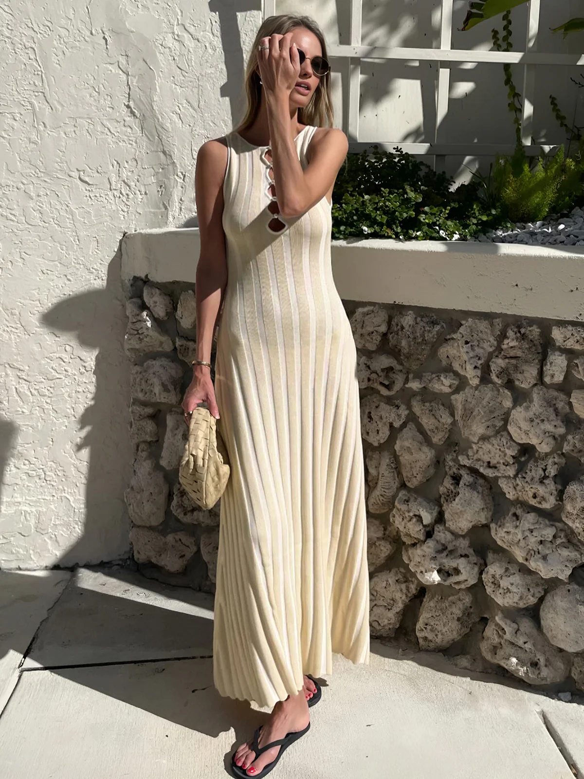 Keyhole Neckline Pearl Decor Sweater Long Dress - Takermore