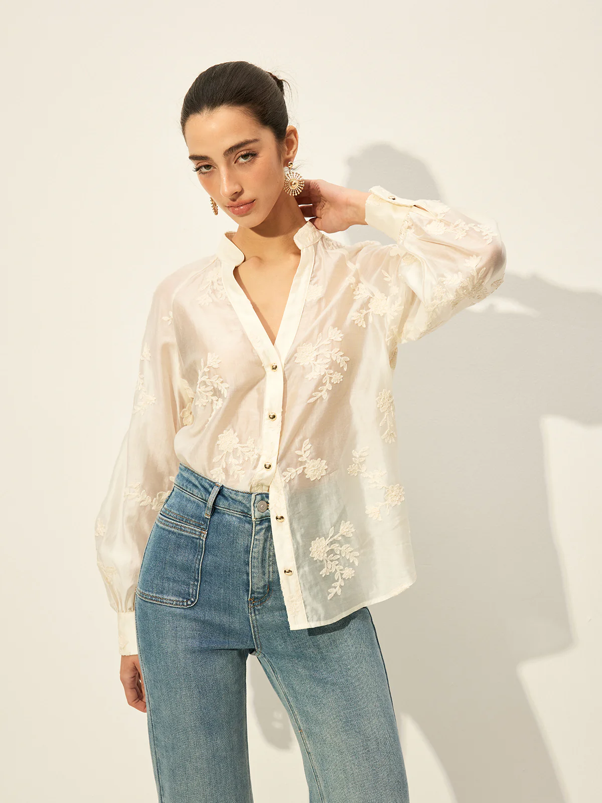 Semi-Sheer Embroidered Button-Front Blouse - Takermore