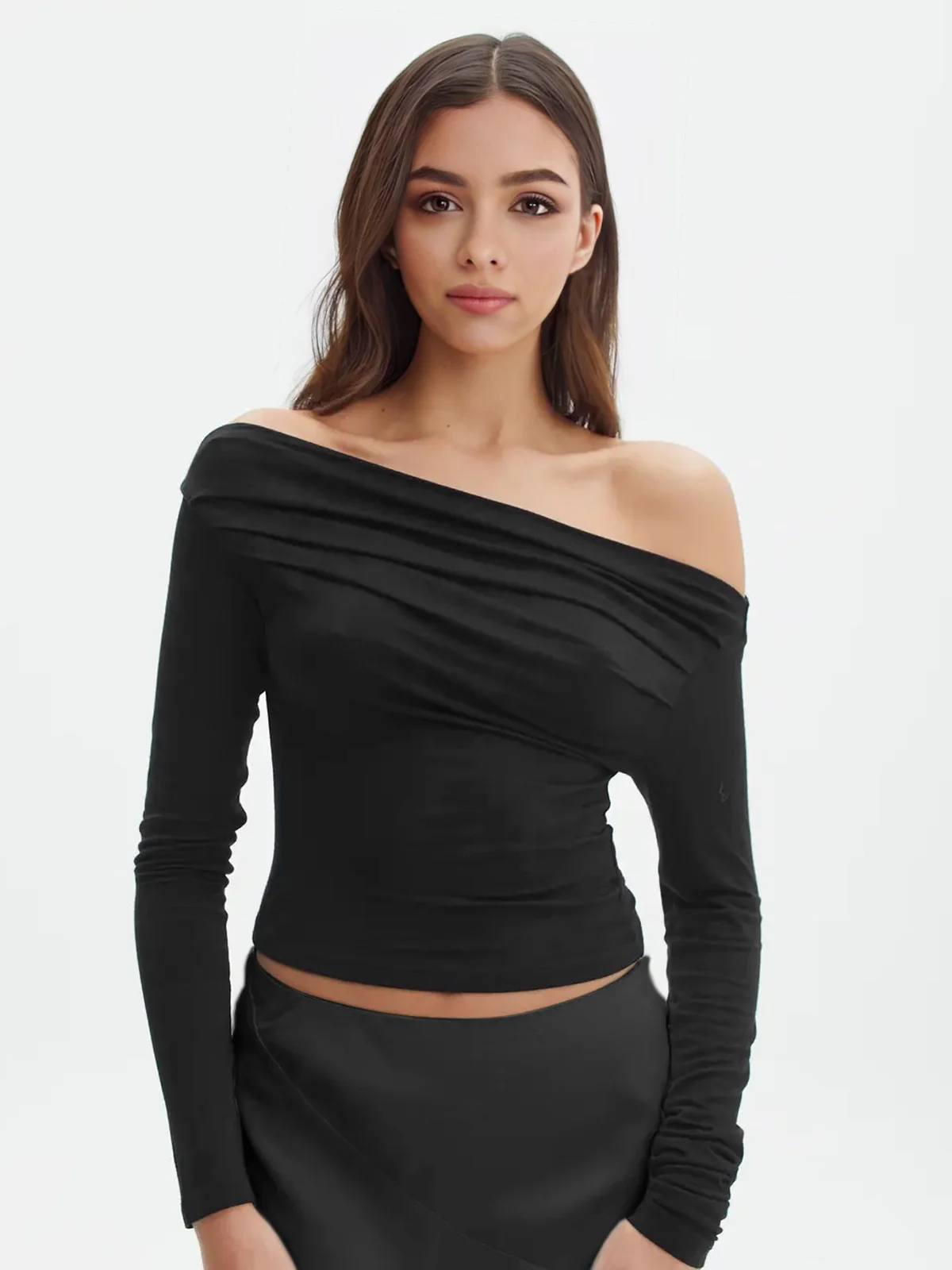 Oblique Off-Shoulder Long Sleeve T-Shirt - Takermore