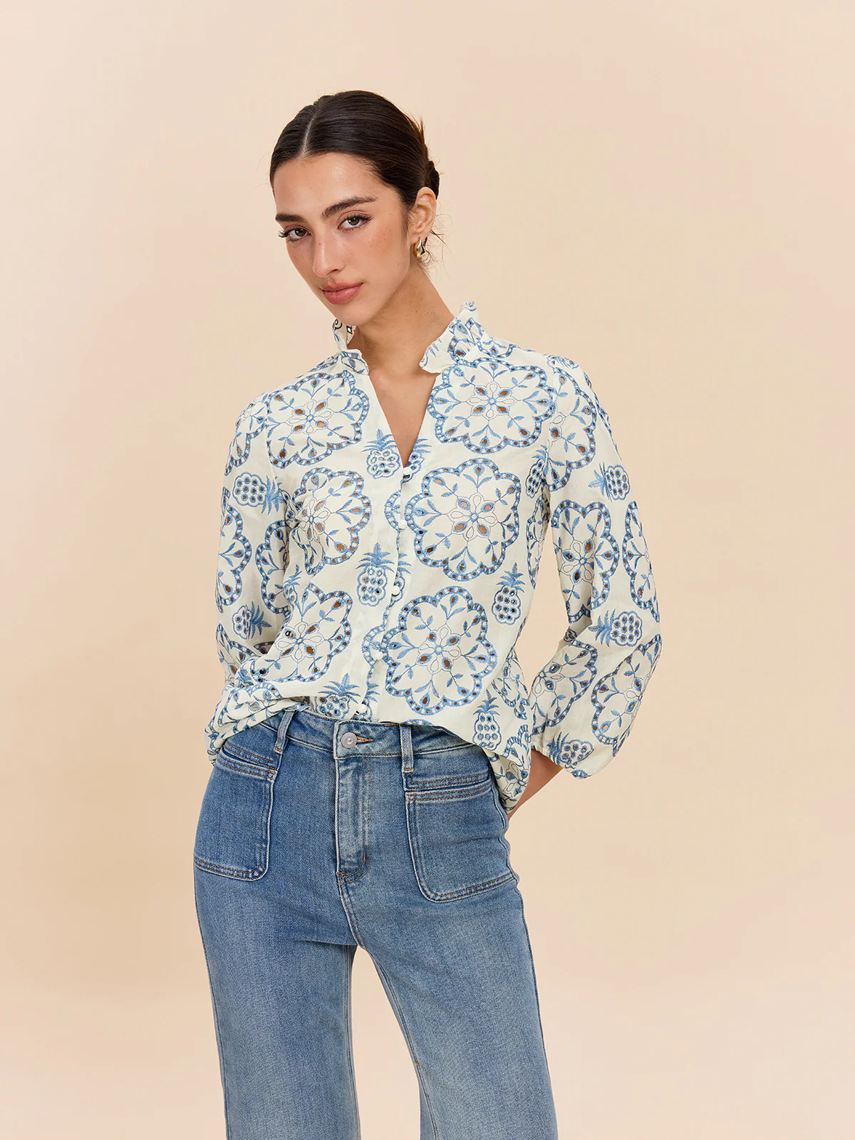 Semi-Sheer Embroidered Button-Down Shirt - Takermore