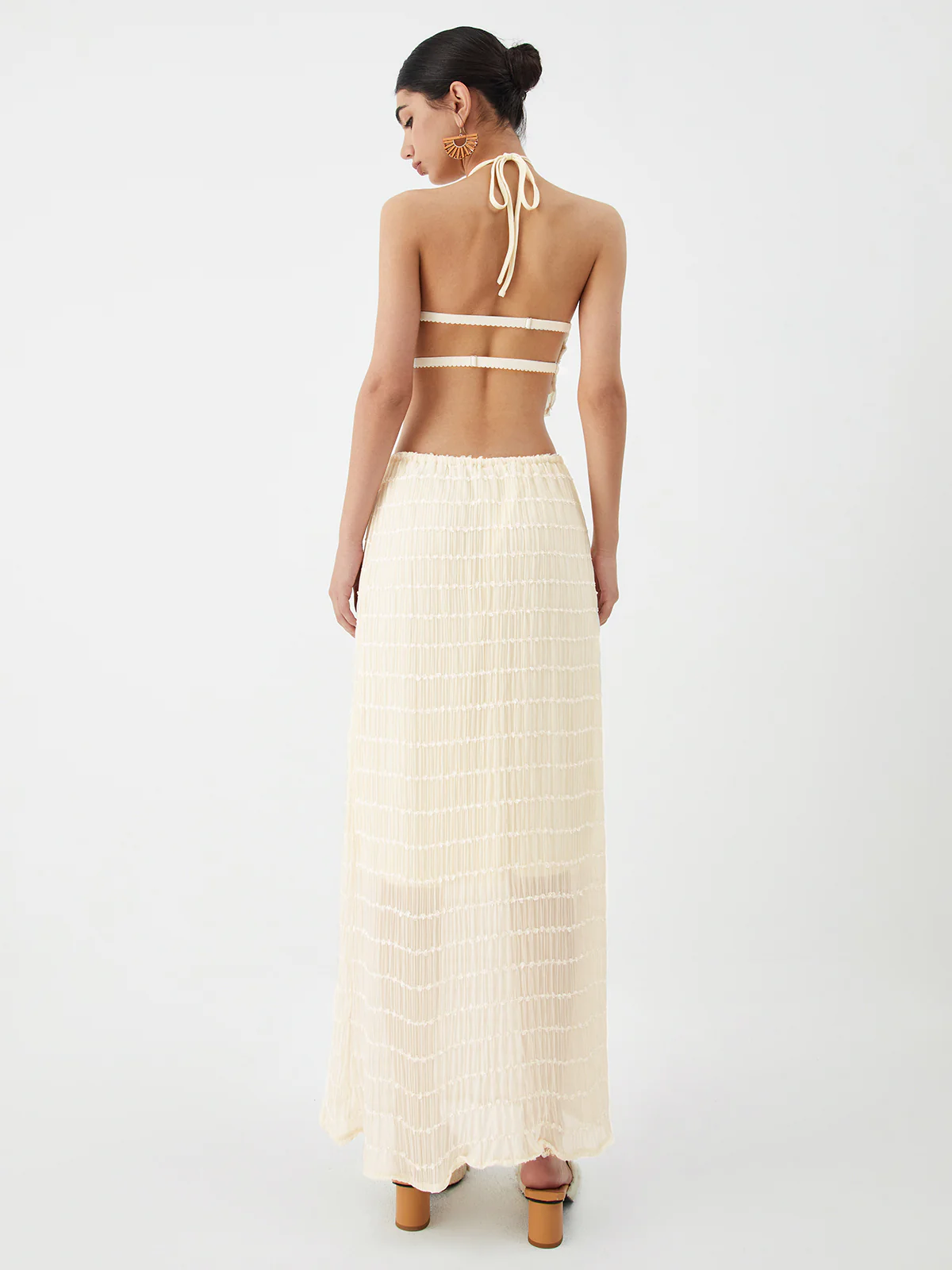 Backless Halter Top With Pleated Maxi Skirt Set - Takermore