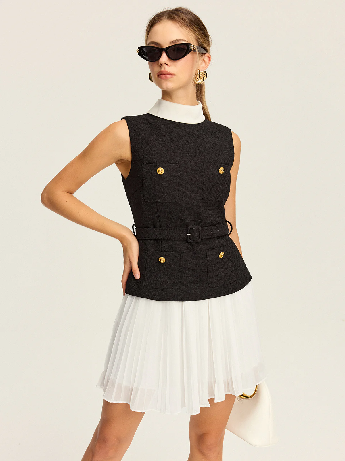 Sleeveless Belted Vest and Pleated Skirt Set - Takermore