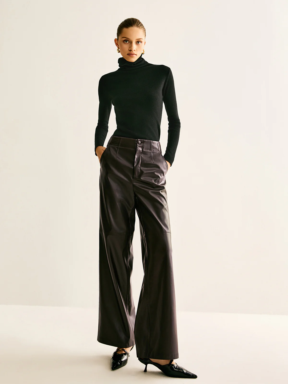 Faux Leather Mid Waist Pants - Takermore