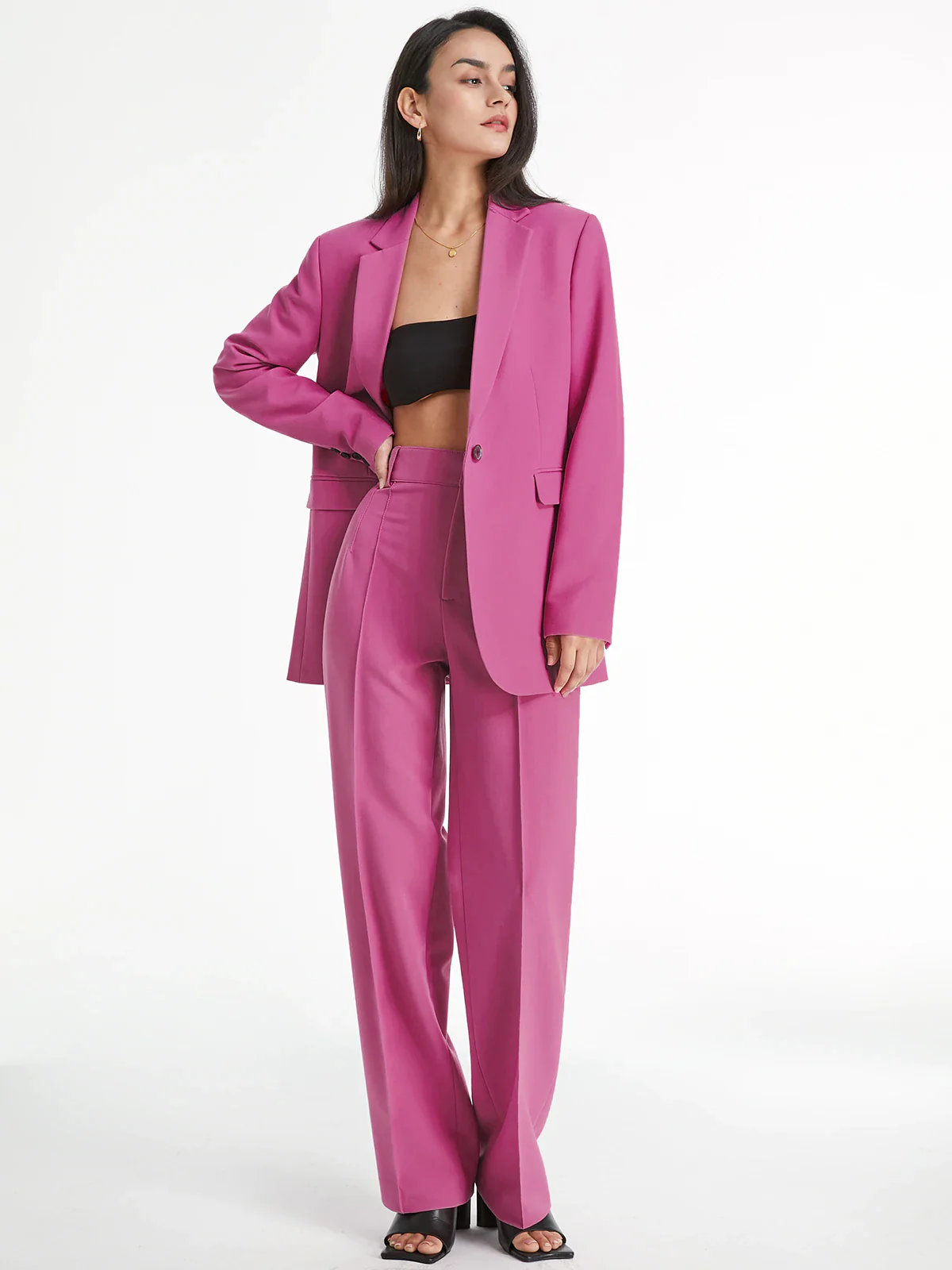 High Waisted Pleat Front Solid Colored Straight Leg Trousers - Takermore