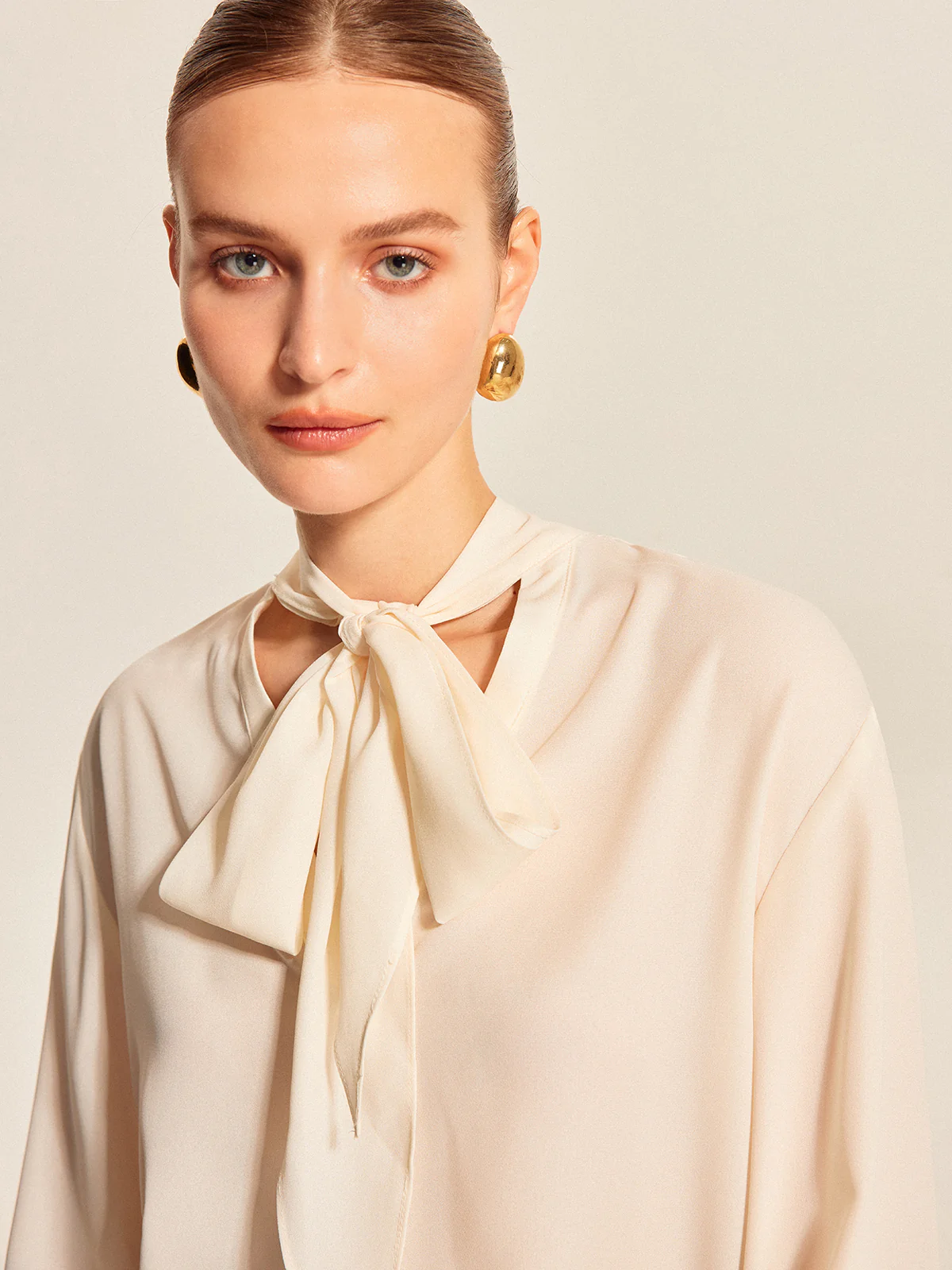 Semi-Sheer Bow Tie Pleated Cuff Chiffon Blouse - Takermore