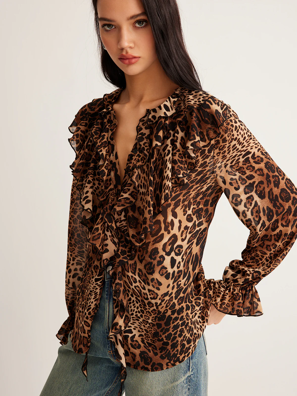 Leopard Printed Ruffle Blouse - Takermore