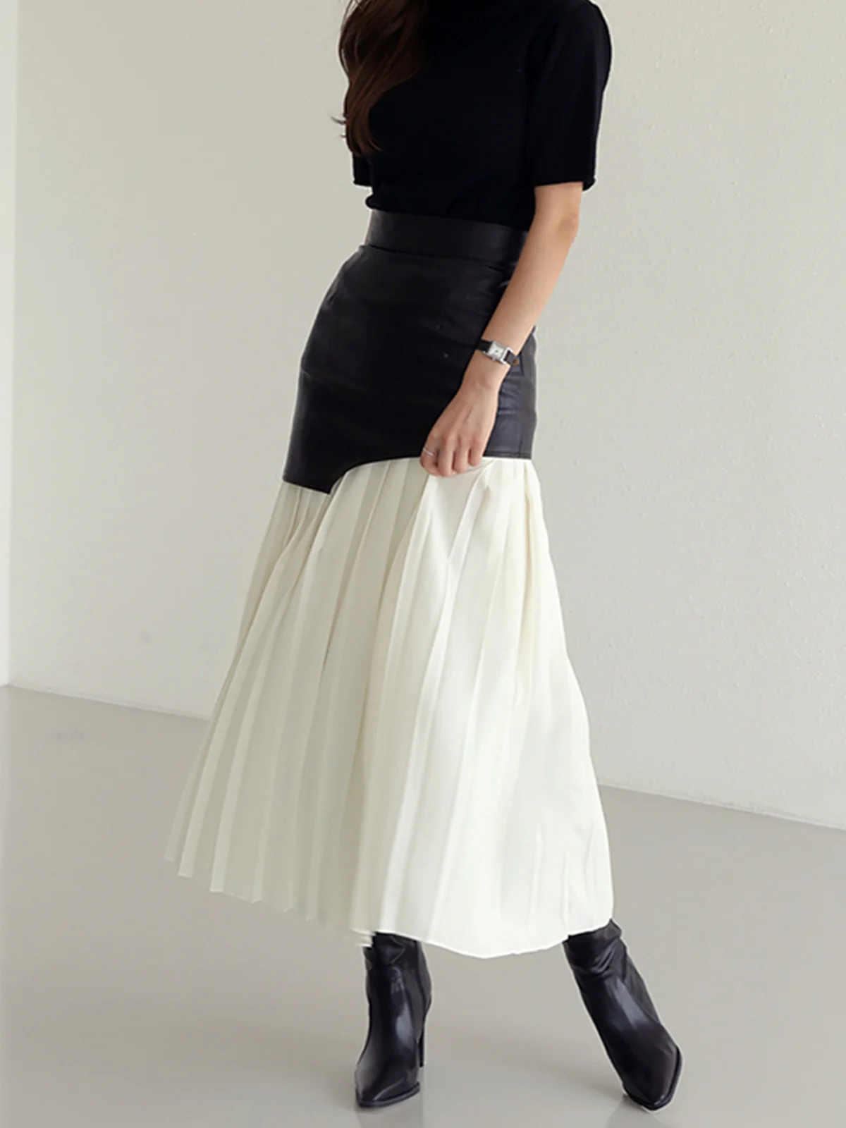 Asymmetric Patchwork Faux Leather Chiffon Pleated Maxi Skirt - Takermore