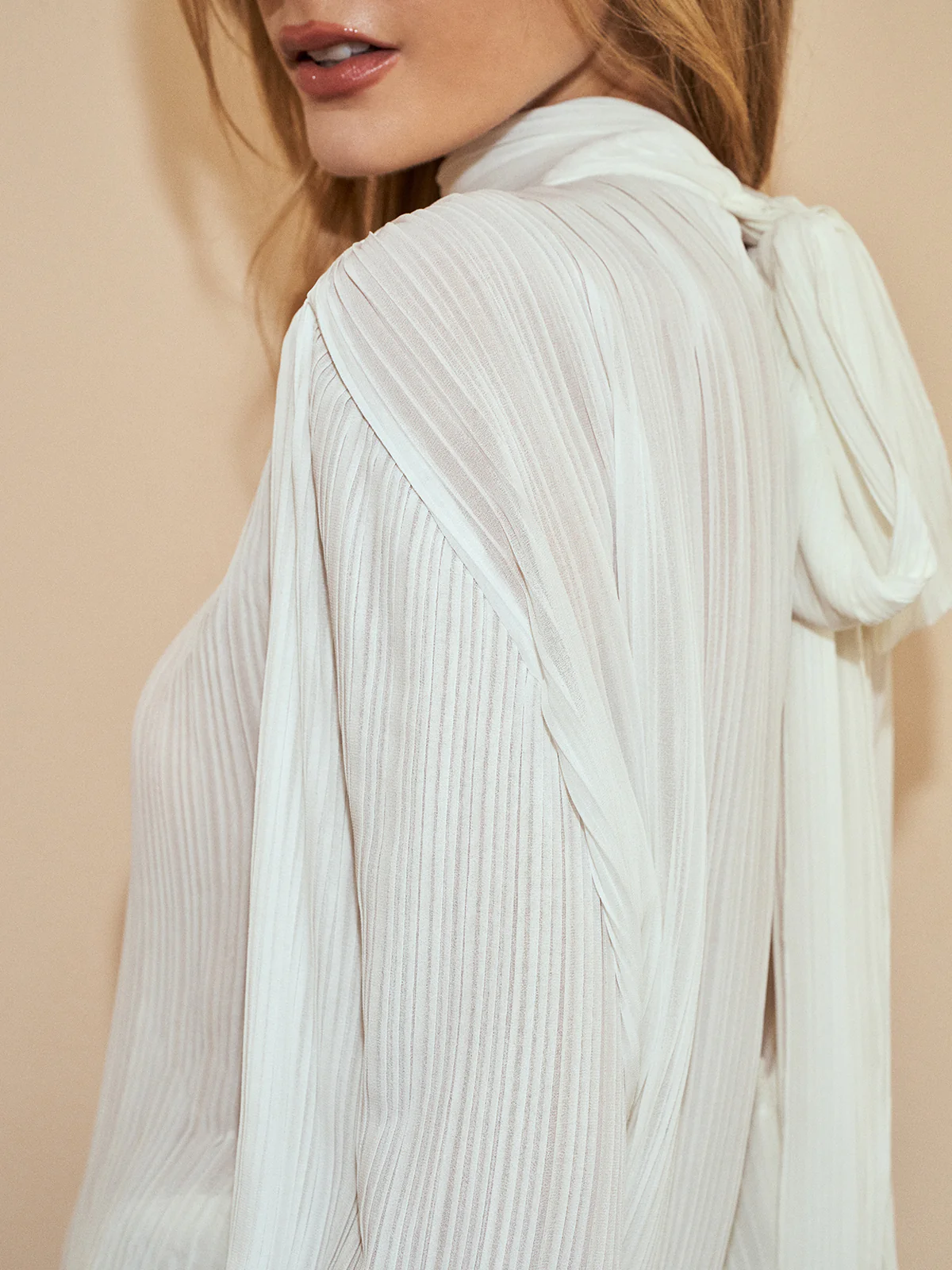 Semi-Sheer Tie Neck Chiffon Blouse - Takermore