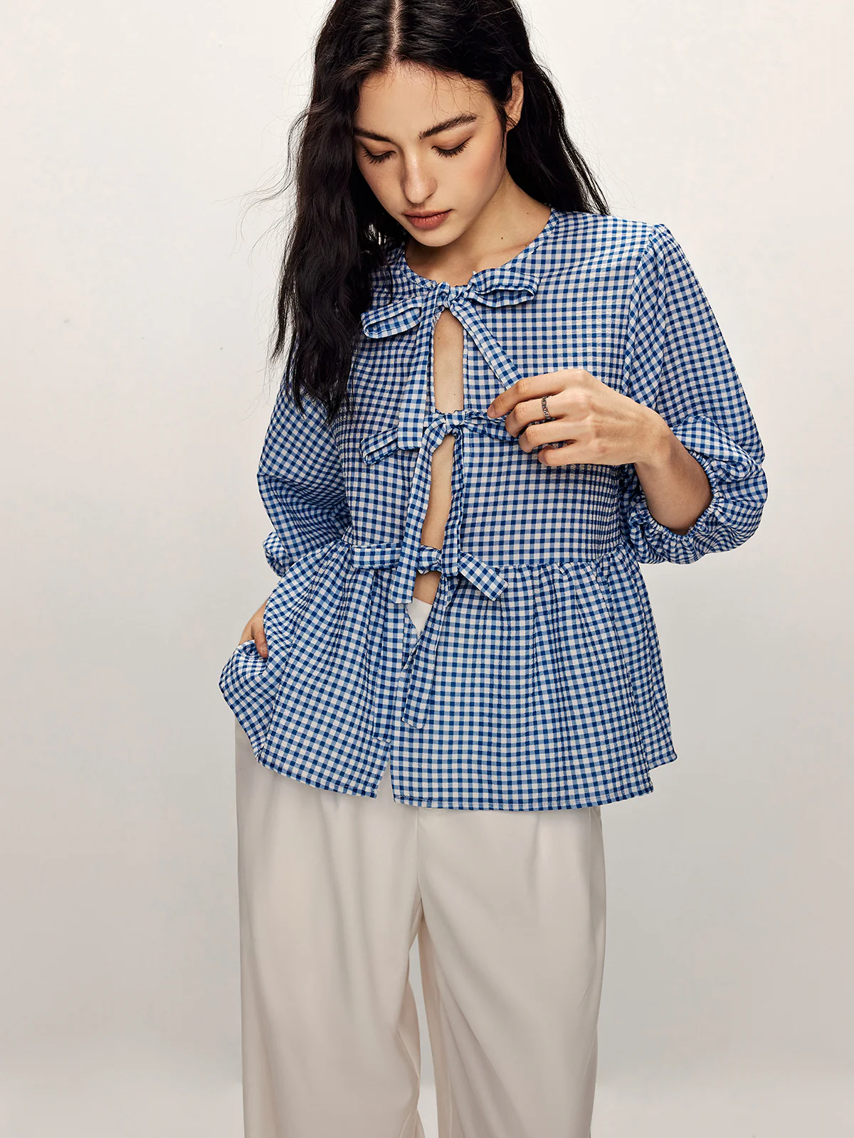 Plaid Tie Front Half Sleeve Blouse - Takermore