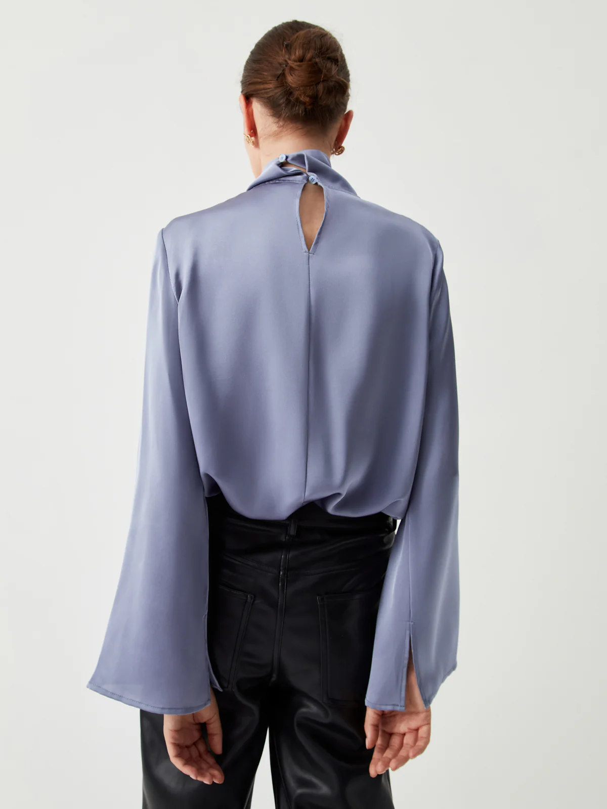 Asymmetric Pleated Turtleneck Satin Blouse - Takermore