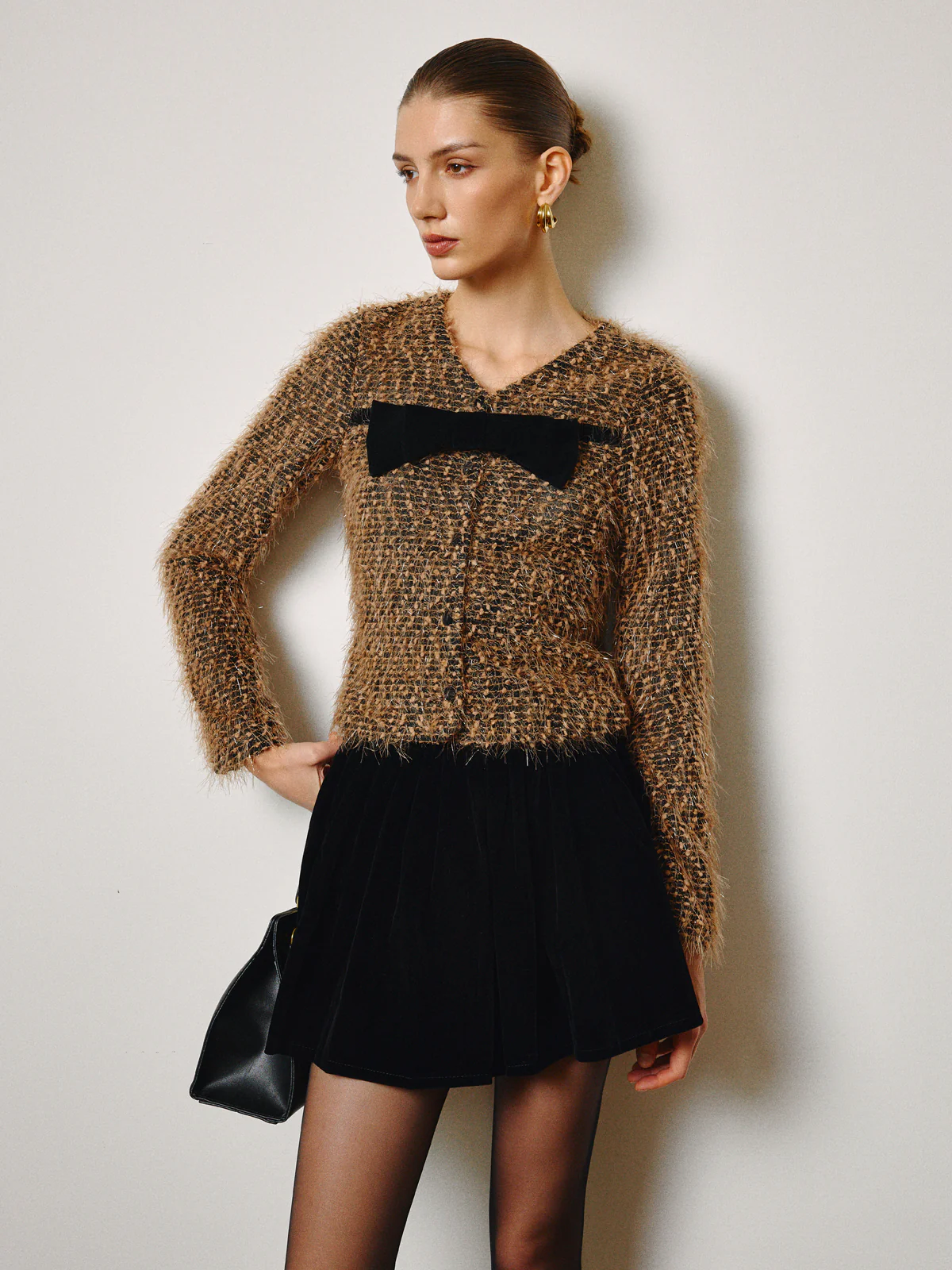 Bow Decor Purl Short Blouse - Takermore