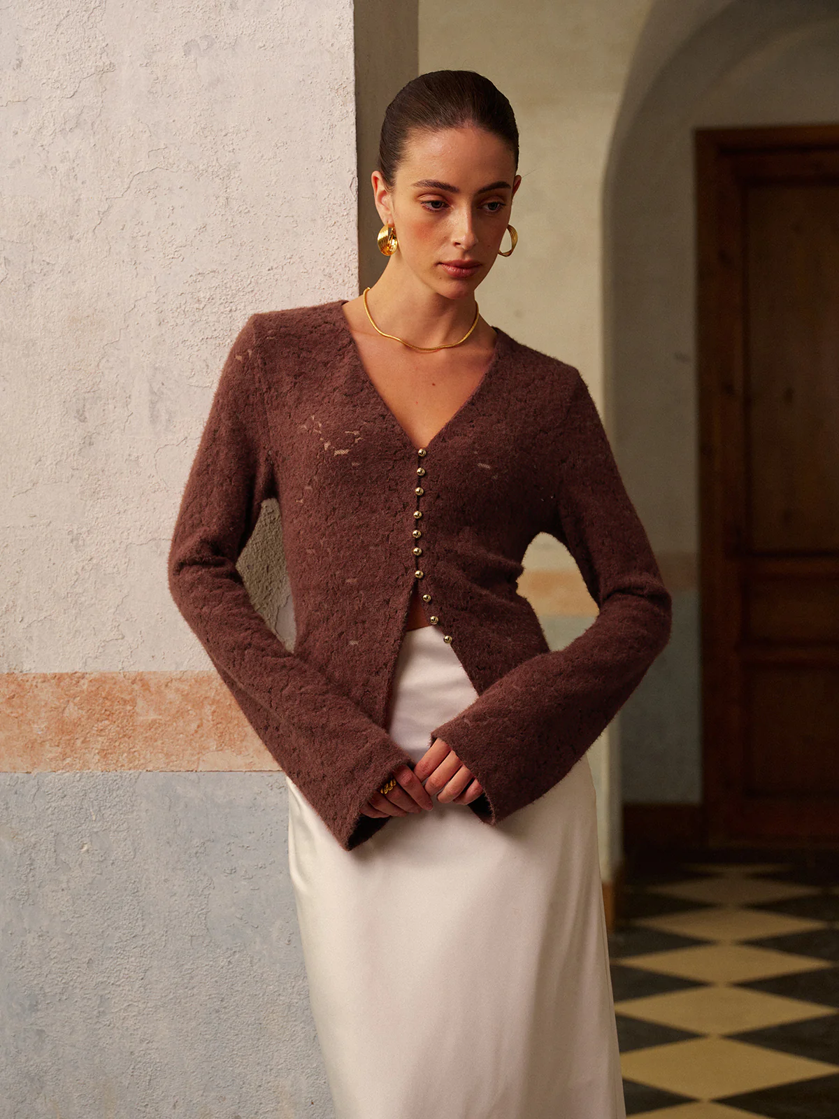 Semi-Sheer V-Neck Split Lace Blouse - Takermore