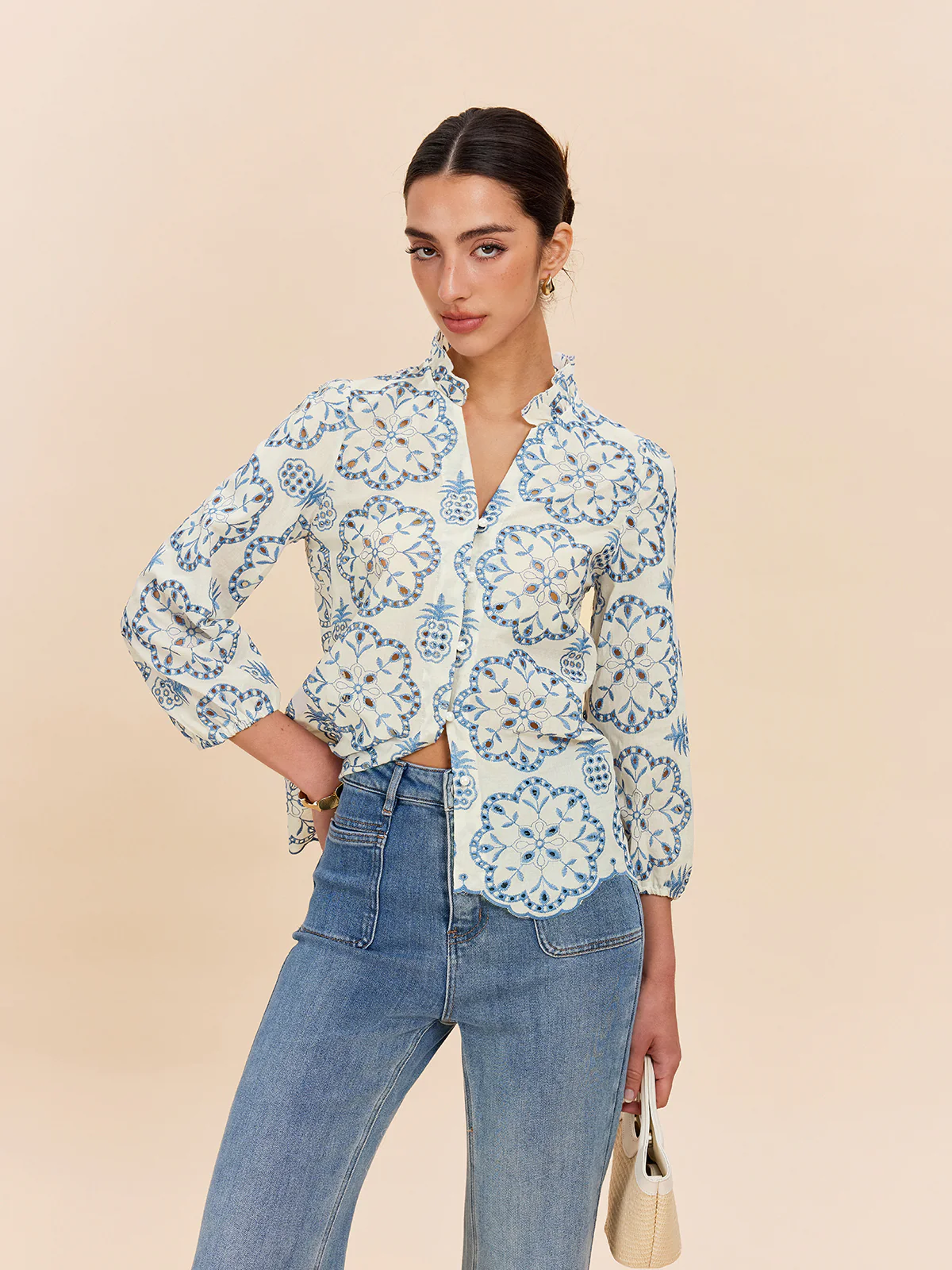 Semi-Sheer Embroidered Button-Down Shirt - Takermore