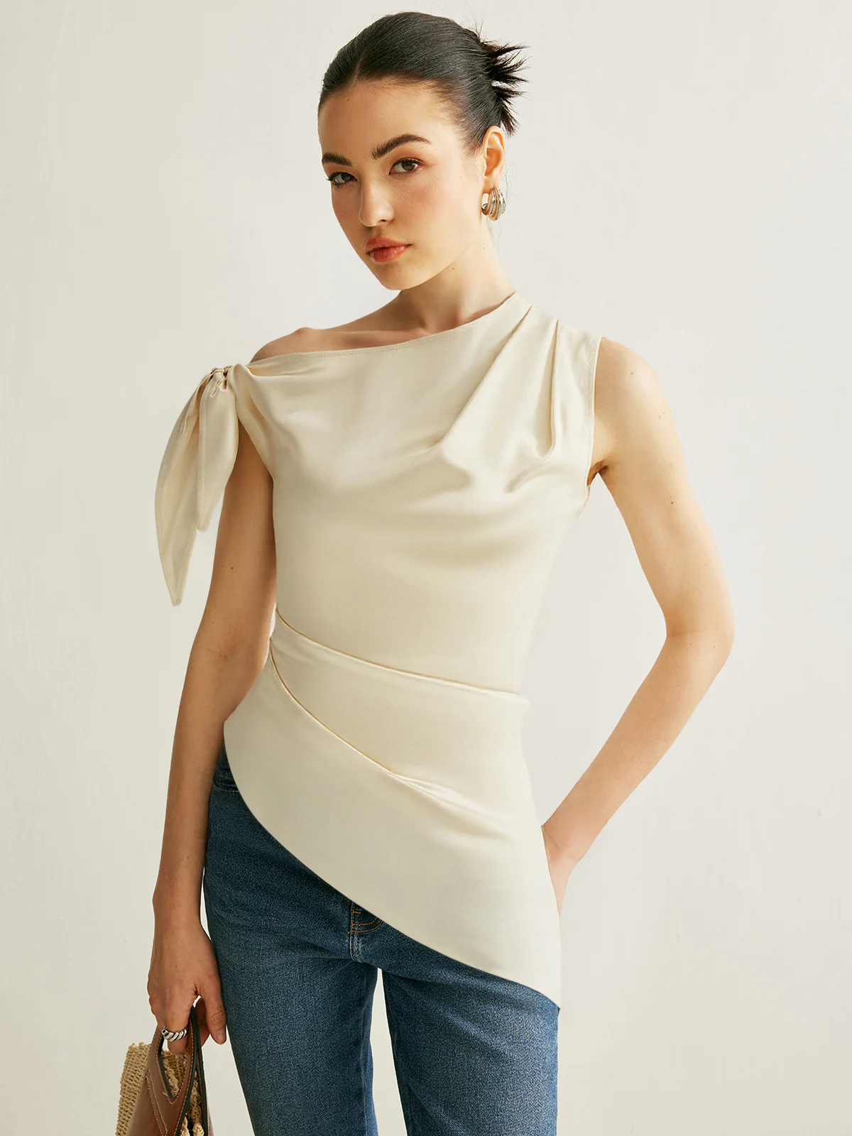 One-Shoulder Asymmetric Hem Top with Bow Detail - Takermore