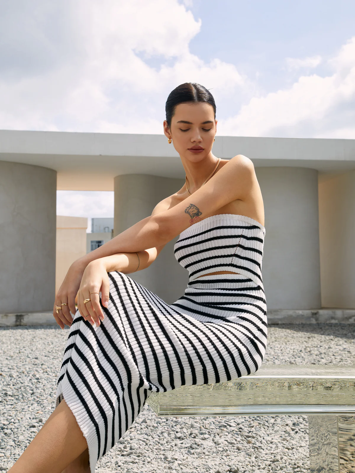 Stripe Cutout Rib Midi Tube Dress - Takermore