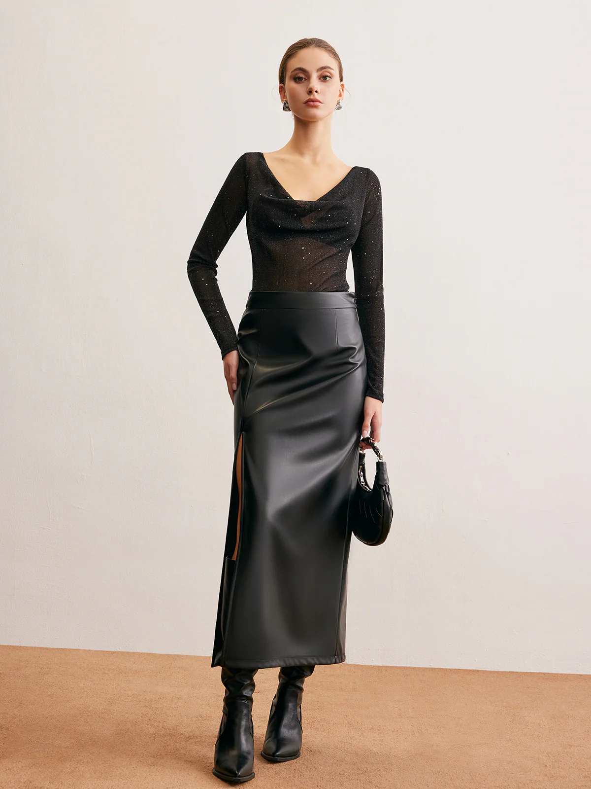 Semi-Sheer Cowl Neck Sequins Thin Blouse - Takermore