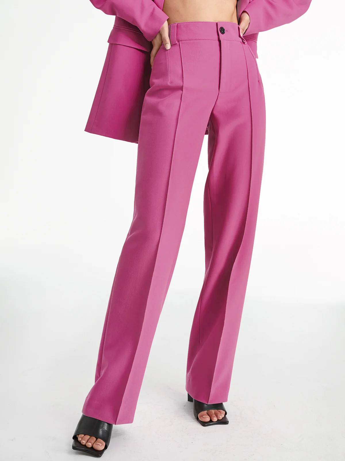 High Waisted Pleat Front Solid Colored Straight Leg Trousers - Takermore
