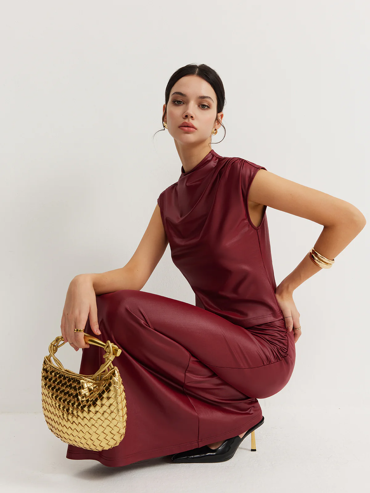 Plain Sleeveless Ruched Skirt Set - Takermore