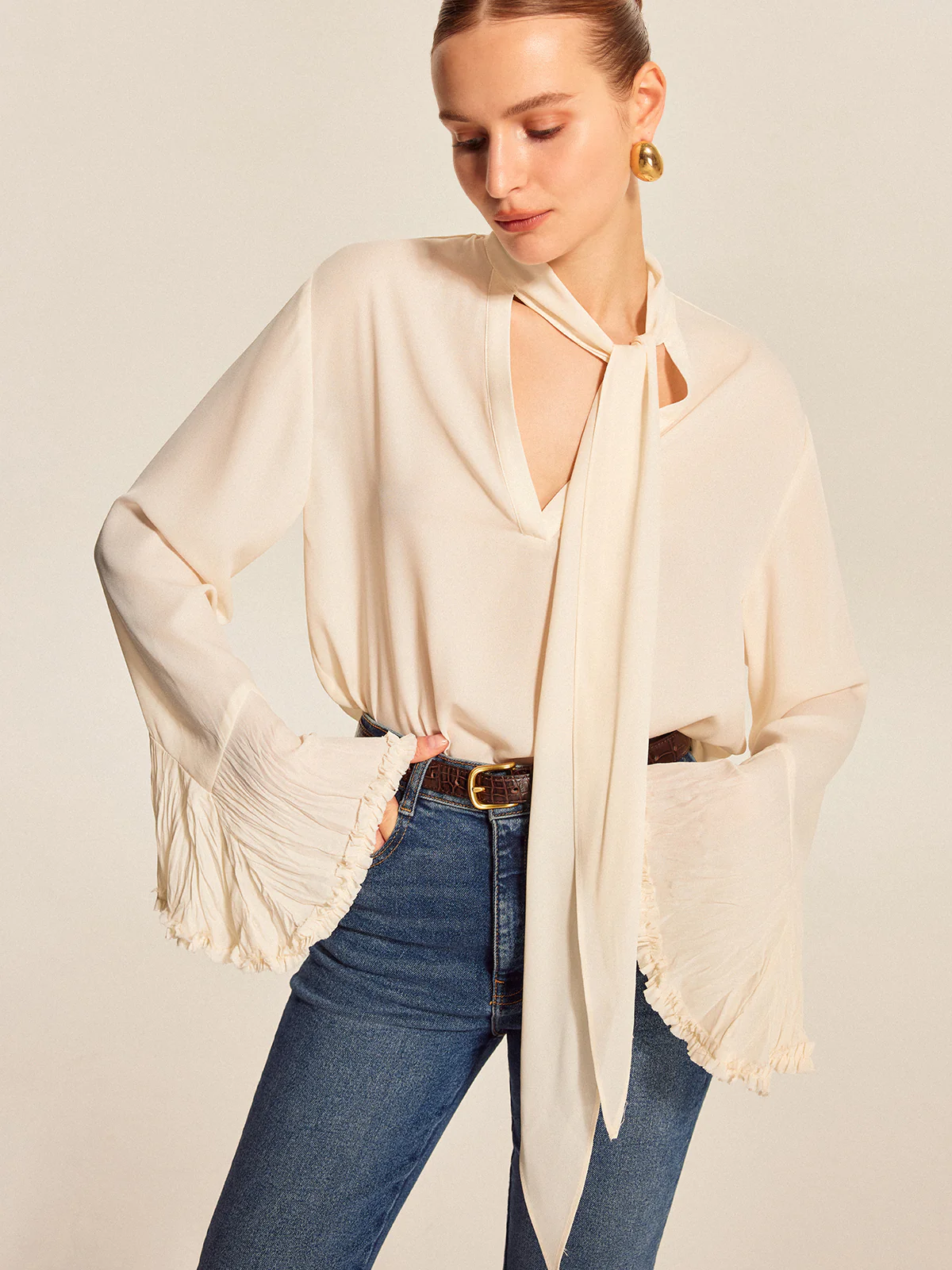 Semi-Sheer Bow Tie Pleated Cuff Chiffon Blouse - Takermore