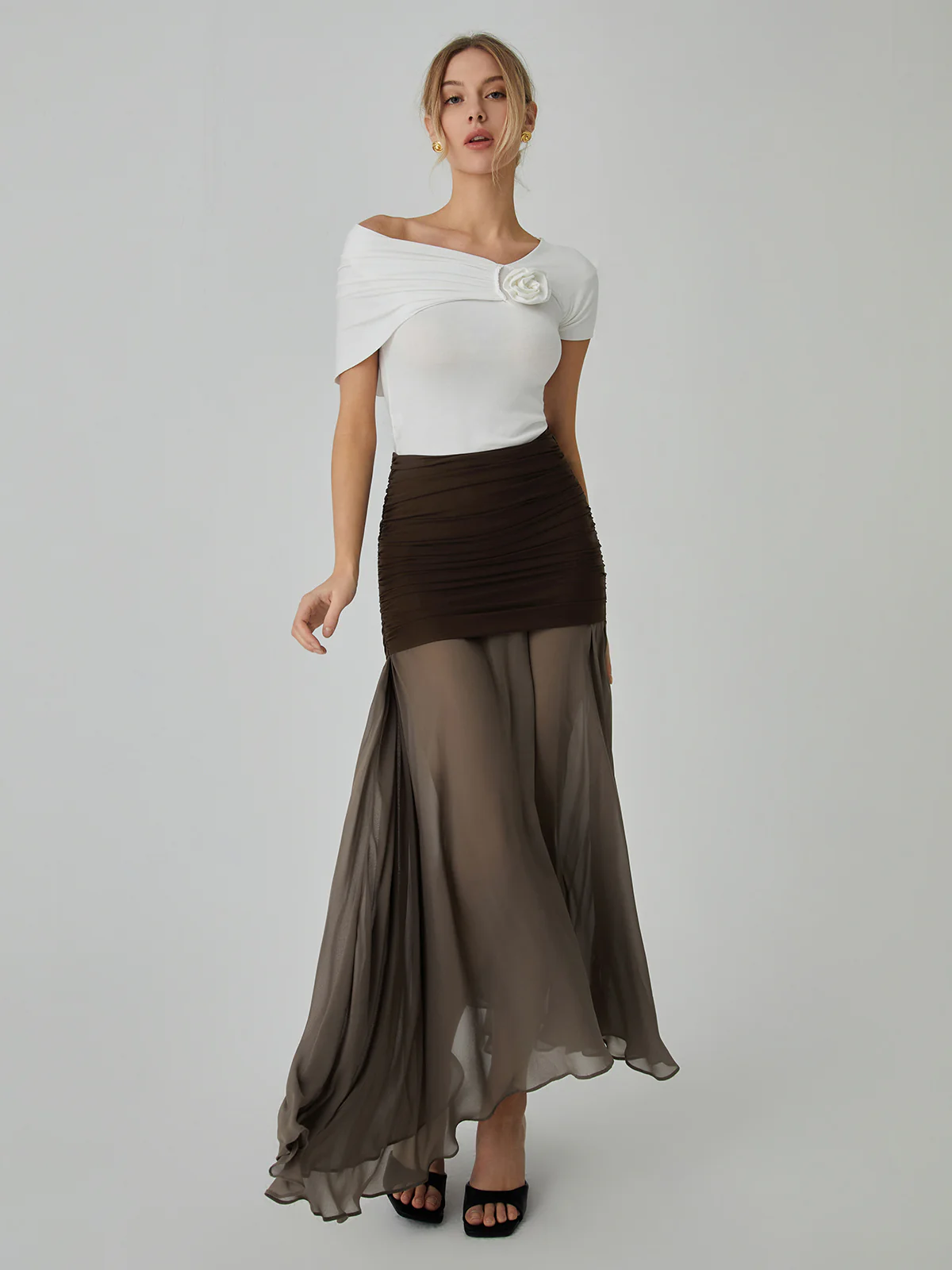 Net Chiffon Sheer Panel Maxi Skirt - Takermore