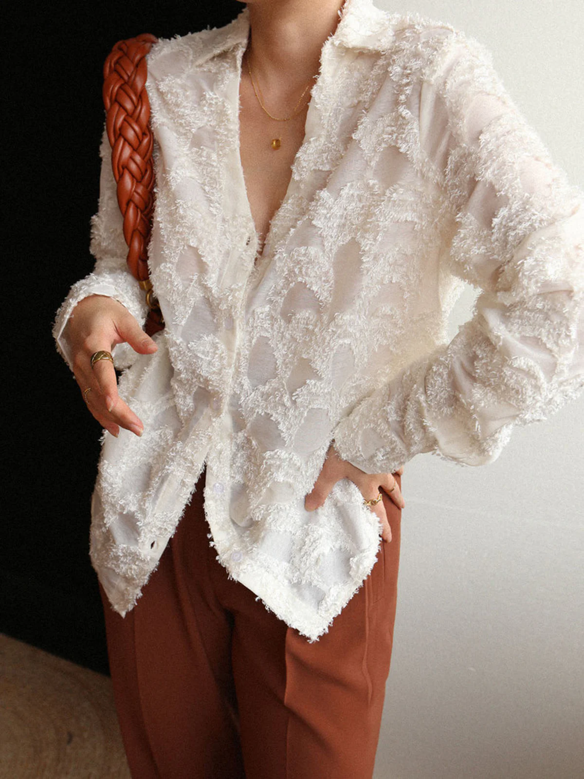 Semi-Sheer Jacquard Floral Collared Shirt - Takermore