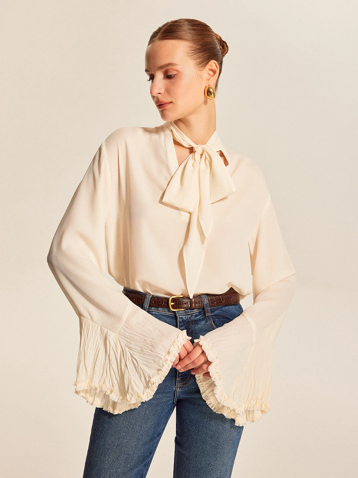 Semi-Sheer Bow Tie Pleated Cuff Chiffon Blouse - Takermore