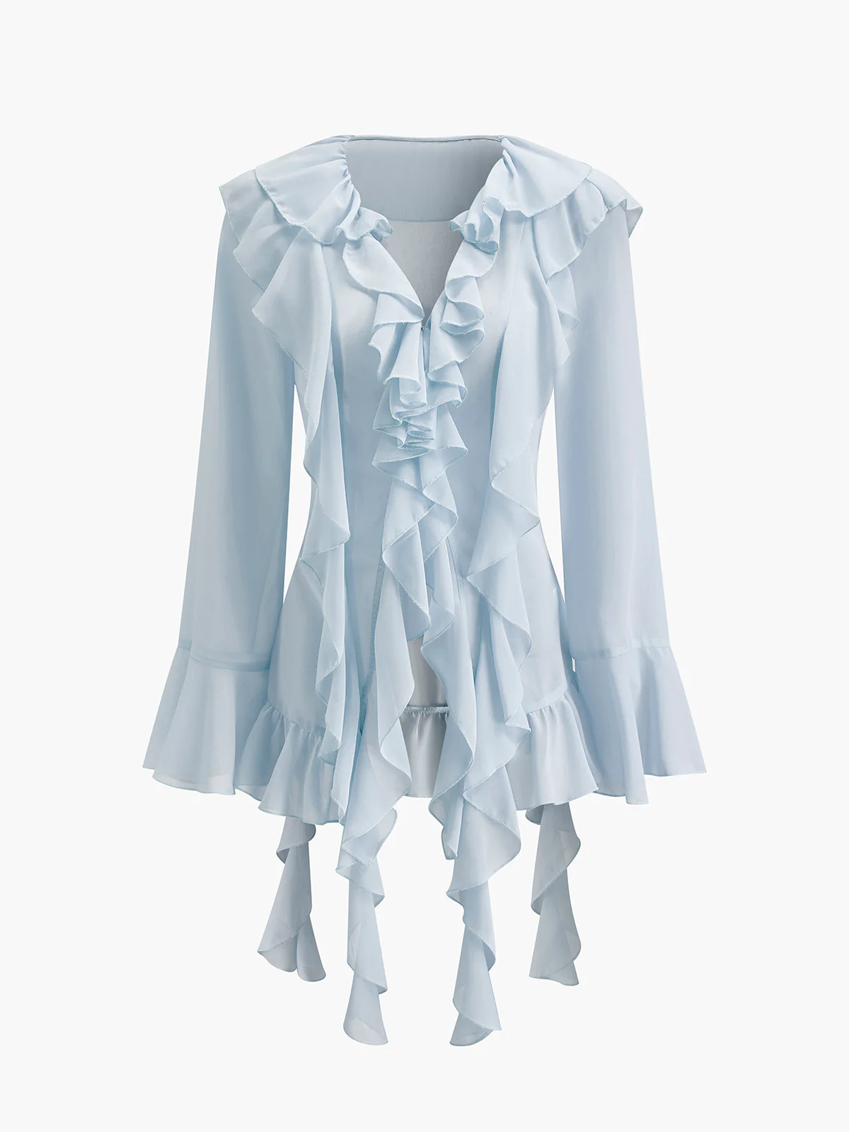 Semi-Sheer Chiffon Ruffled Blouse - Takermore