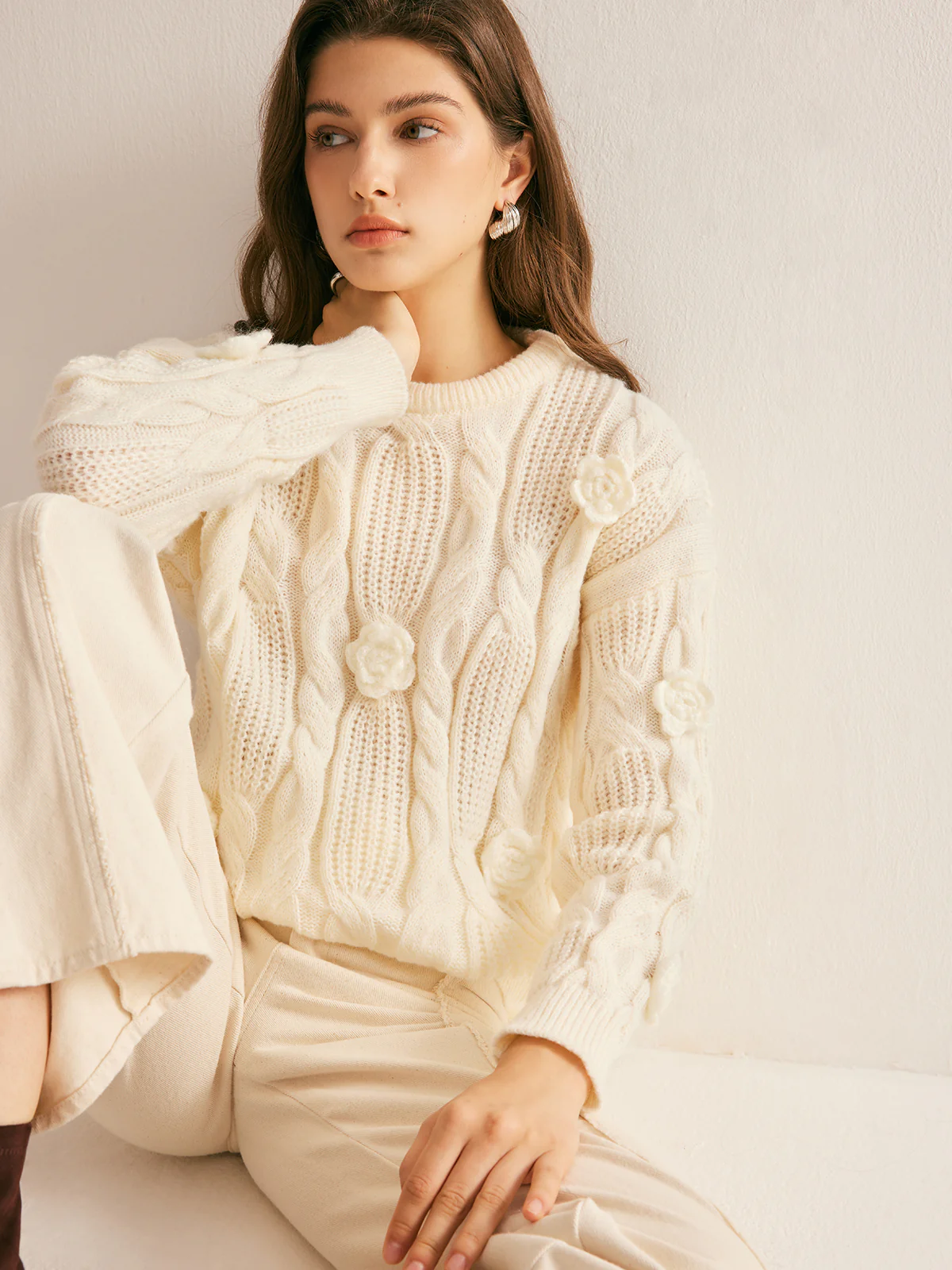 3D Flower Cable-Knit Pullover Sweater - Takermore