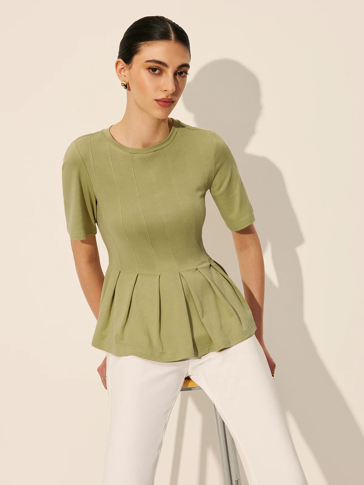 Pleated Peplum Ribbed Top - Takermore