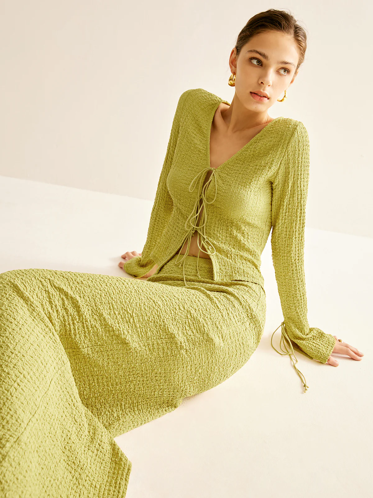 Plain V-Neck Lace Up Skirt Set - Takermore