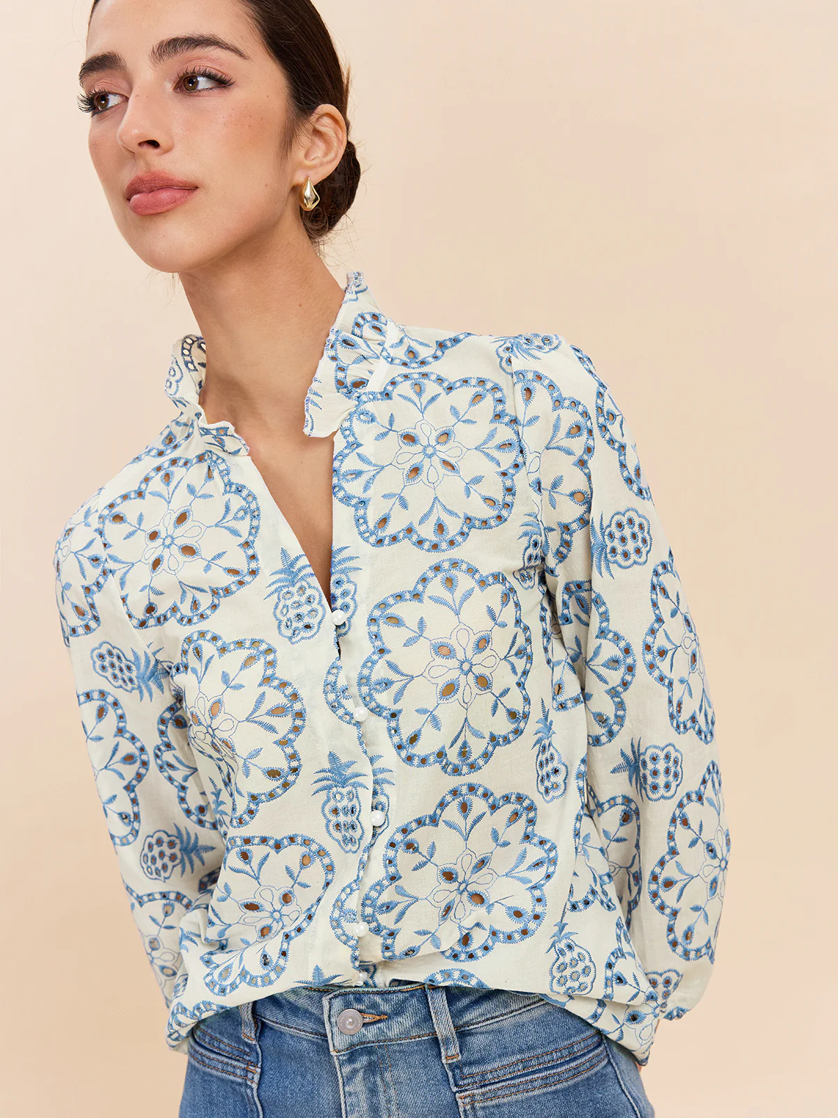 Semi-Sheer Embroidered Button-Down Shirt - Takermore