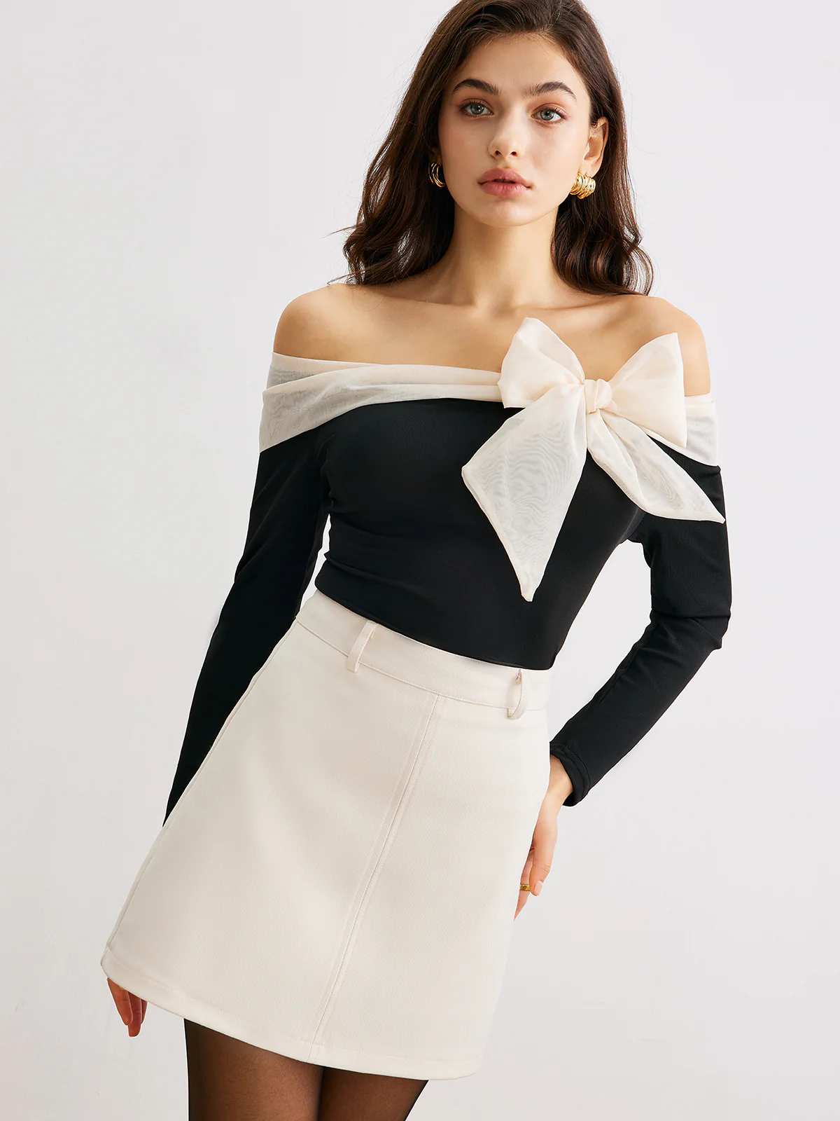 Chiffon-Bow Off-Shoulder Slim Blouse - Takermore