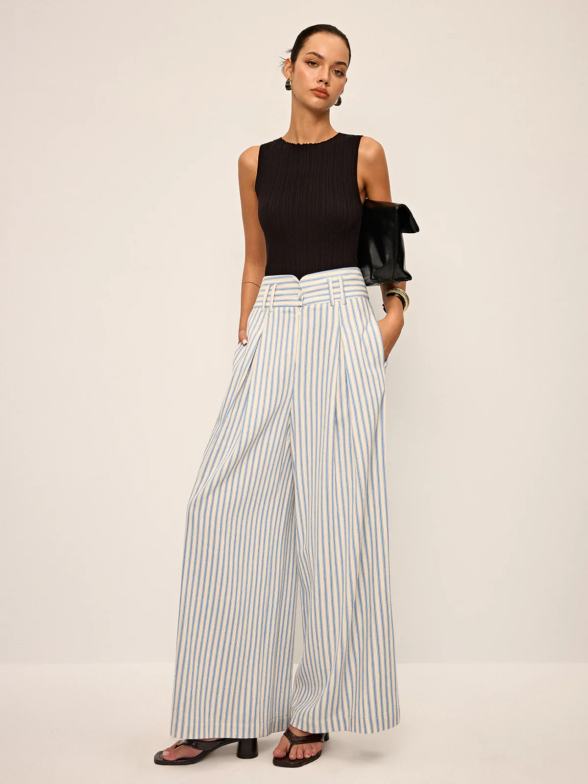 Cotton Striped Pleated Wide-Leg Pants - Takermore