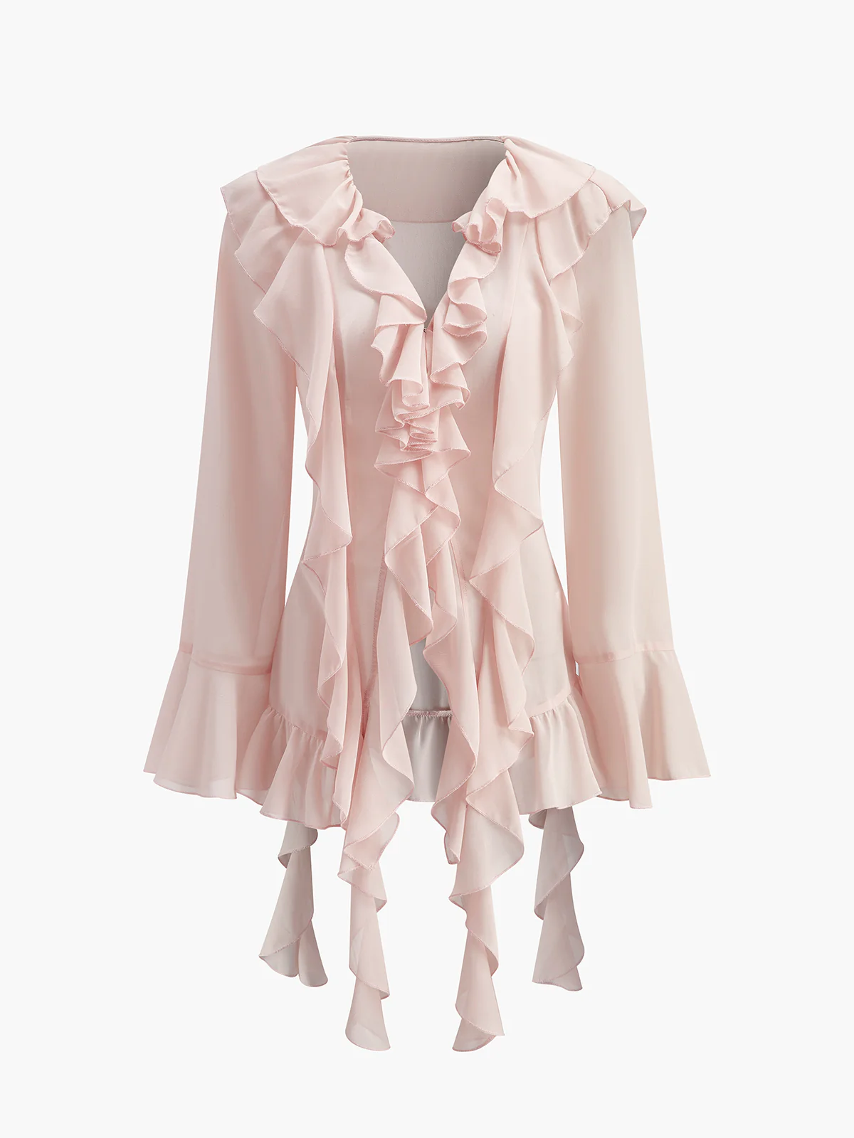 Semi-Sheer Chiffon Ruffled Blouse - Takermore